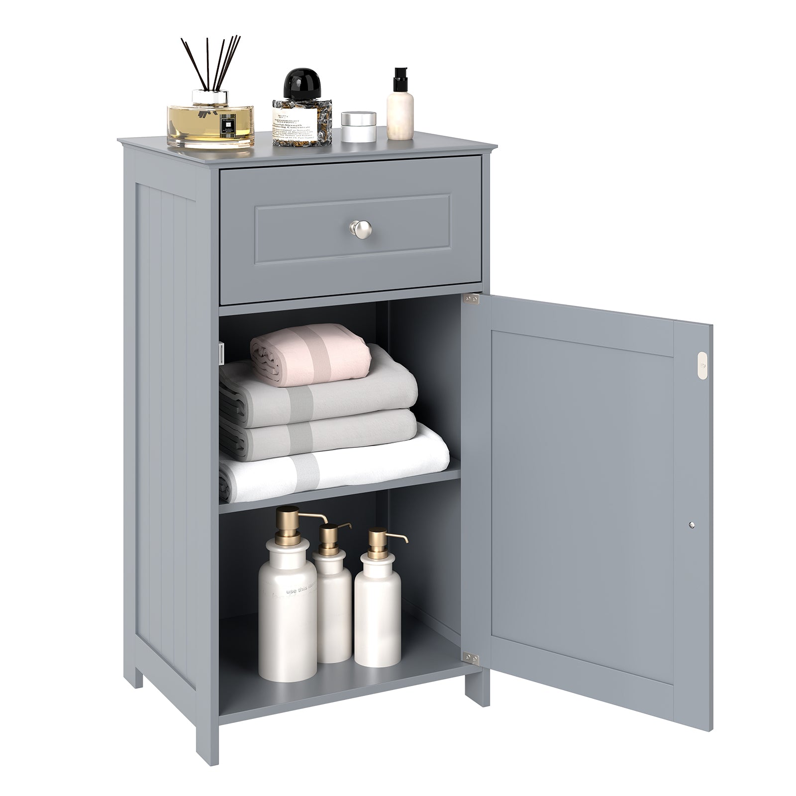 Bathroom Cabinet Floor Organizer with Single Door and Drawer-Grey