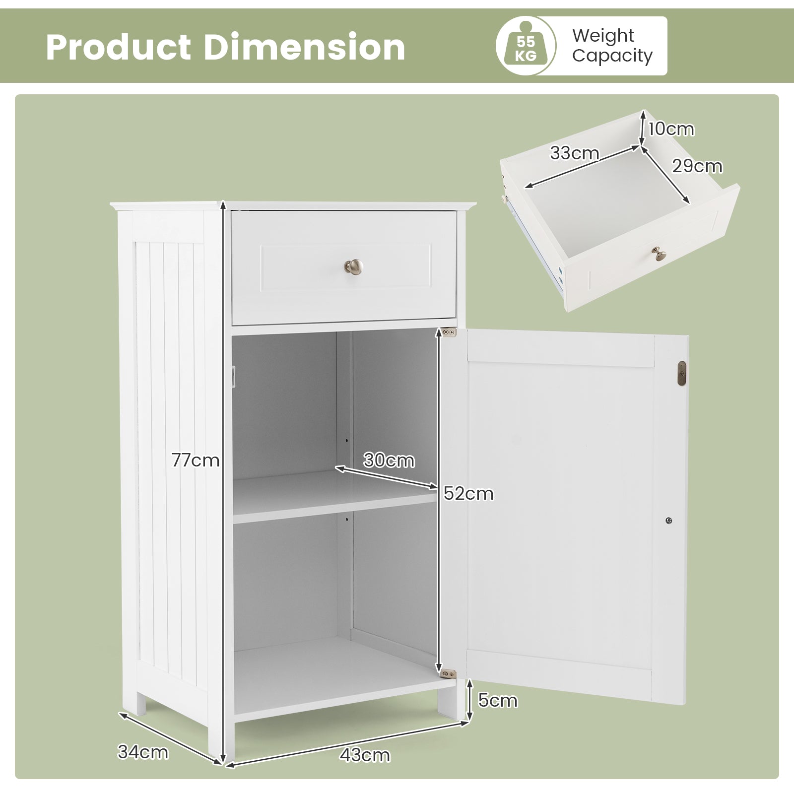 Bathroom Cabinet Floor Organizer with Single Door and Drawer-White