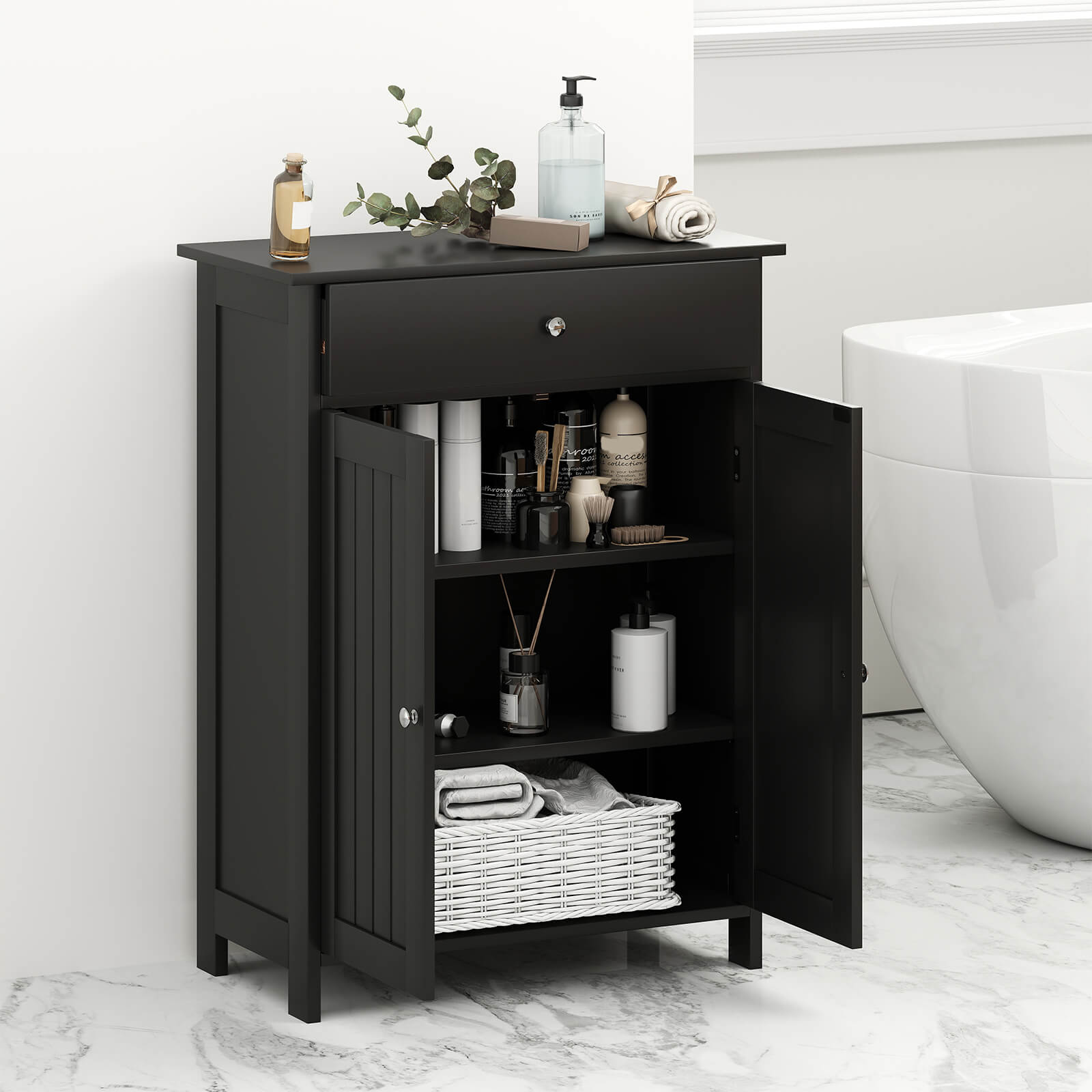 Bathroom Floor Cabinet 2-Door with Drawer and Adjustable Shelf-Black