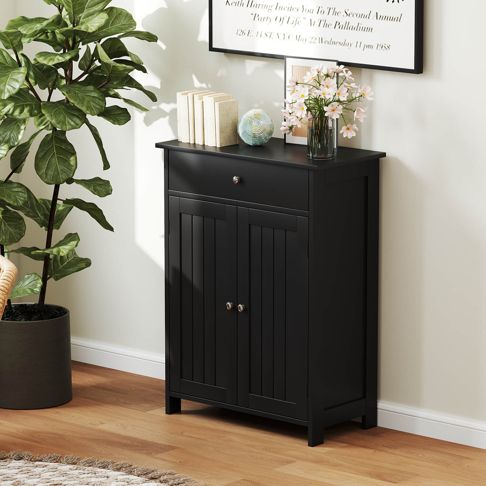 Bathroom Floor Cabinet 2-Door with Drawer and Adjustable Shelf-Black