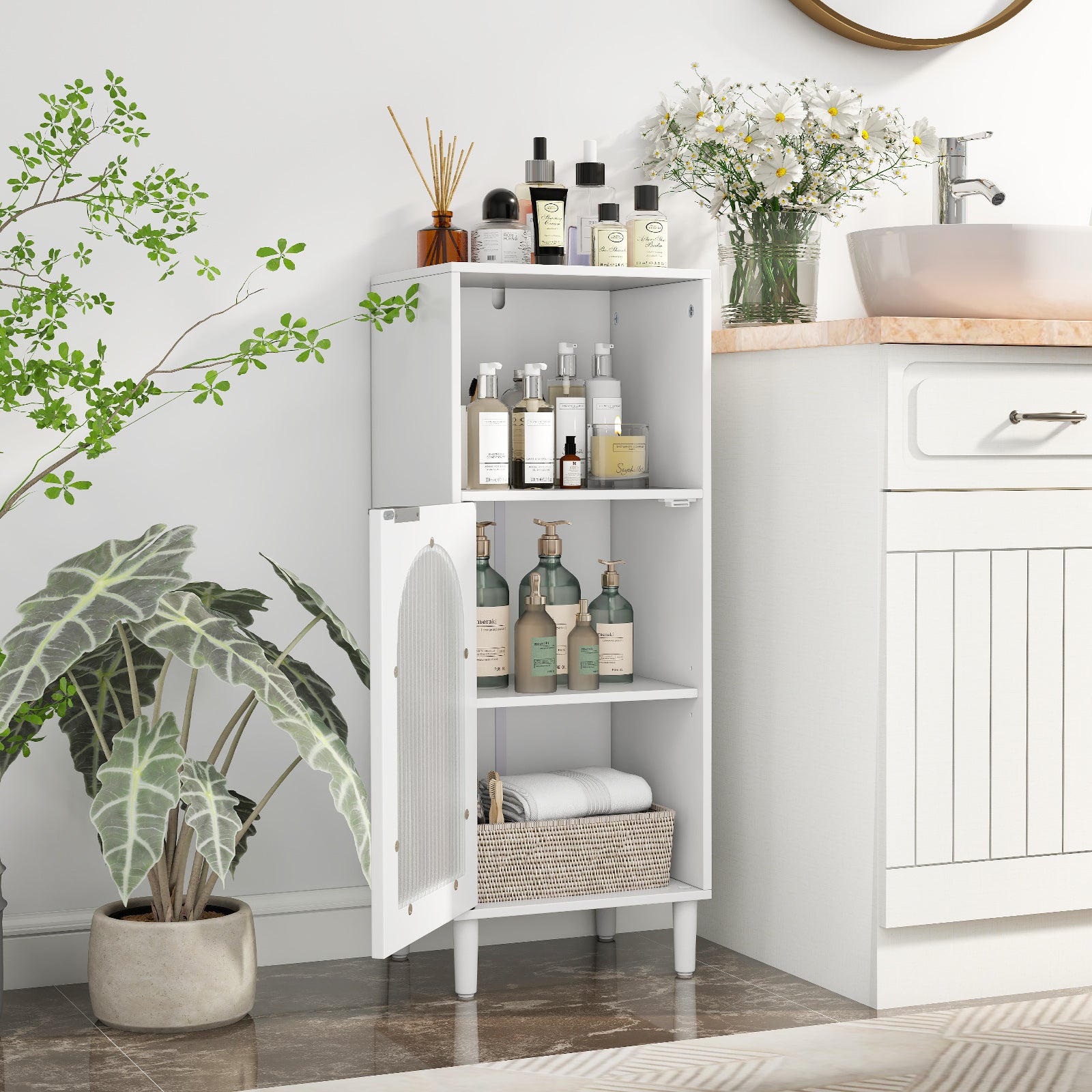 Bathroom Floor Cabinet with Adjustable Shelf for Hallway Living Room-White