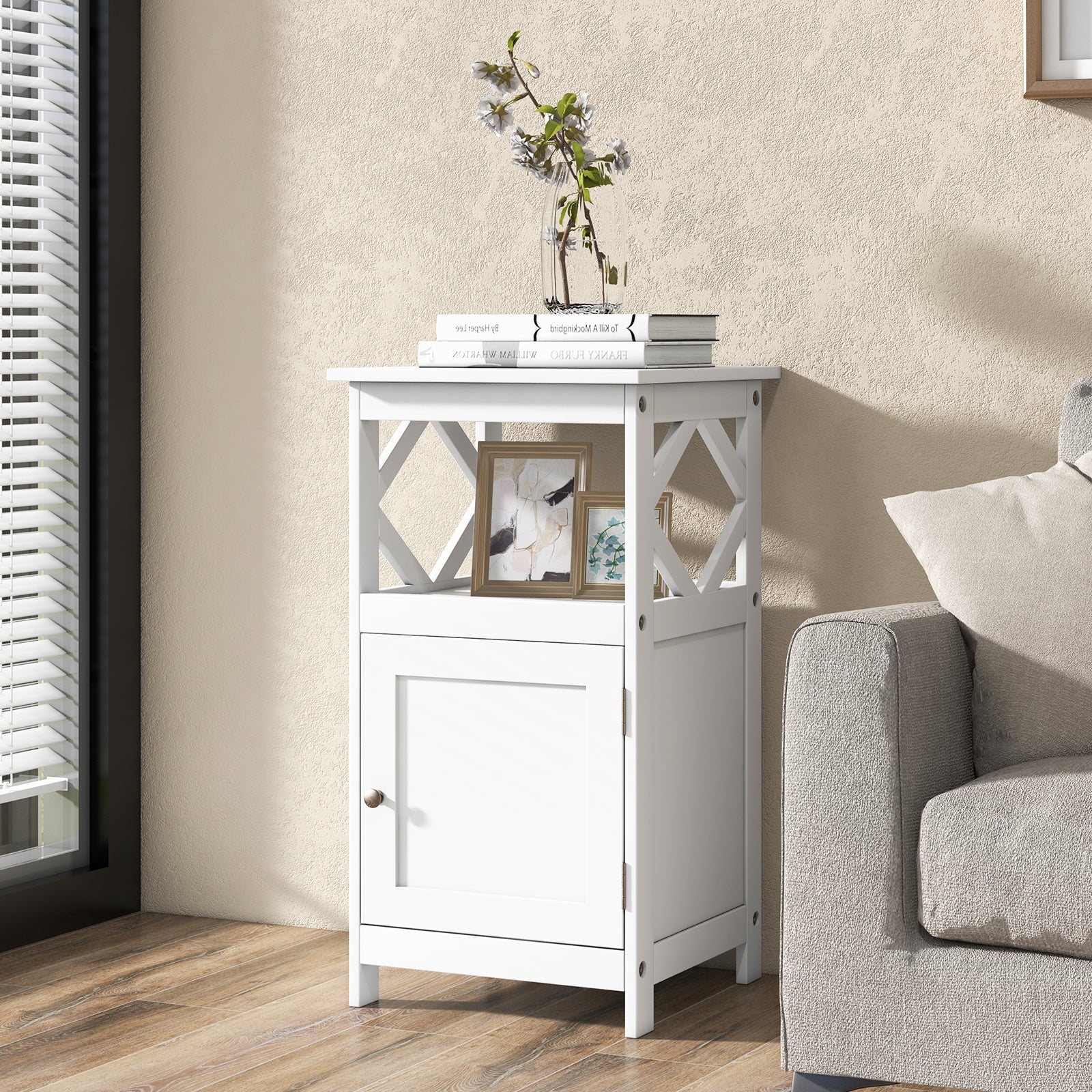 Bathroom Floor Cabinet with Open Compartment and Single Door-White