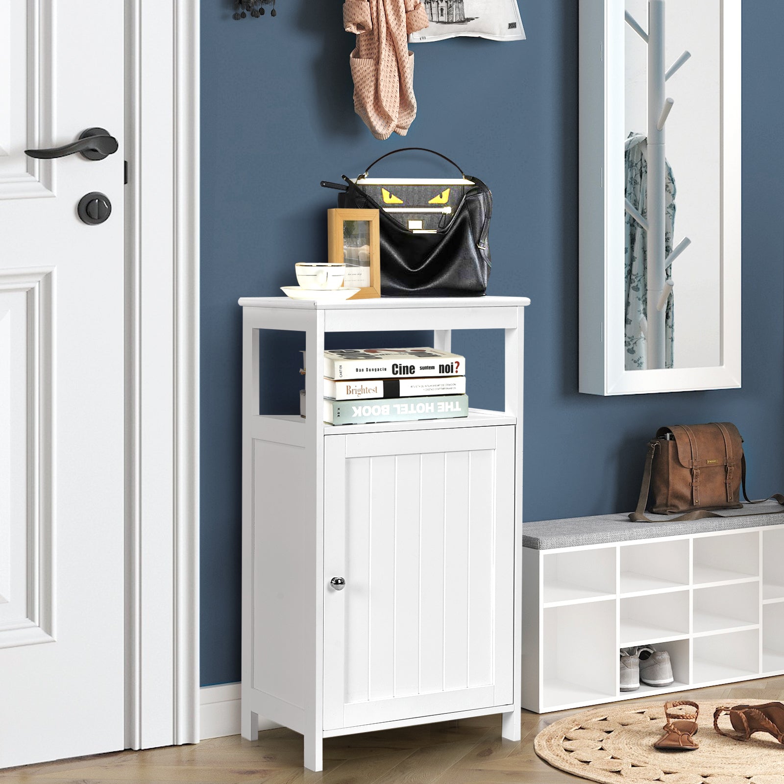 Bathroom Floor Cabinet with Single Door and Adjustable Shelf-White