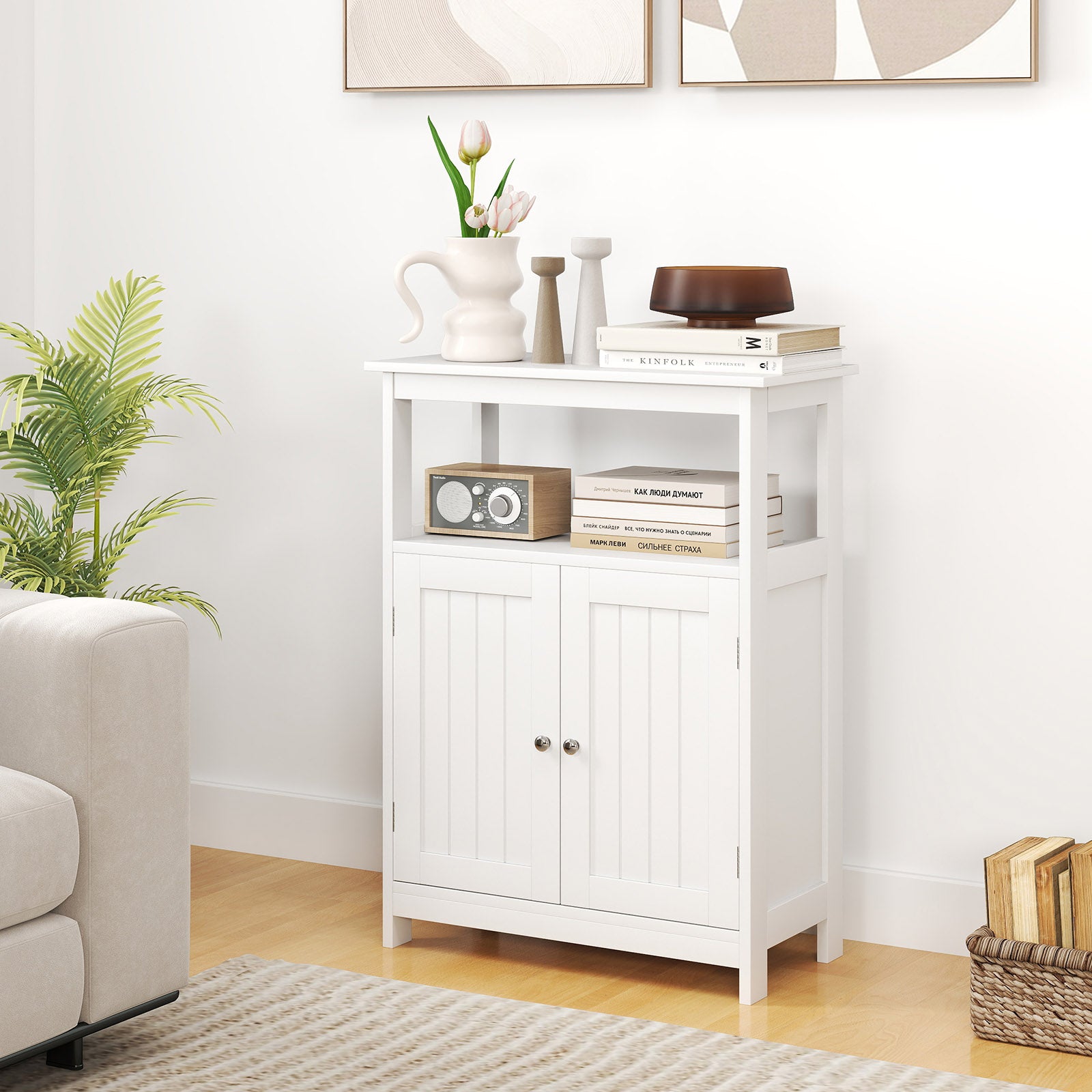 Bathroom Floor Cabinet with Open Shelf and Adjustable Shelf-White
