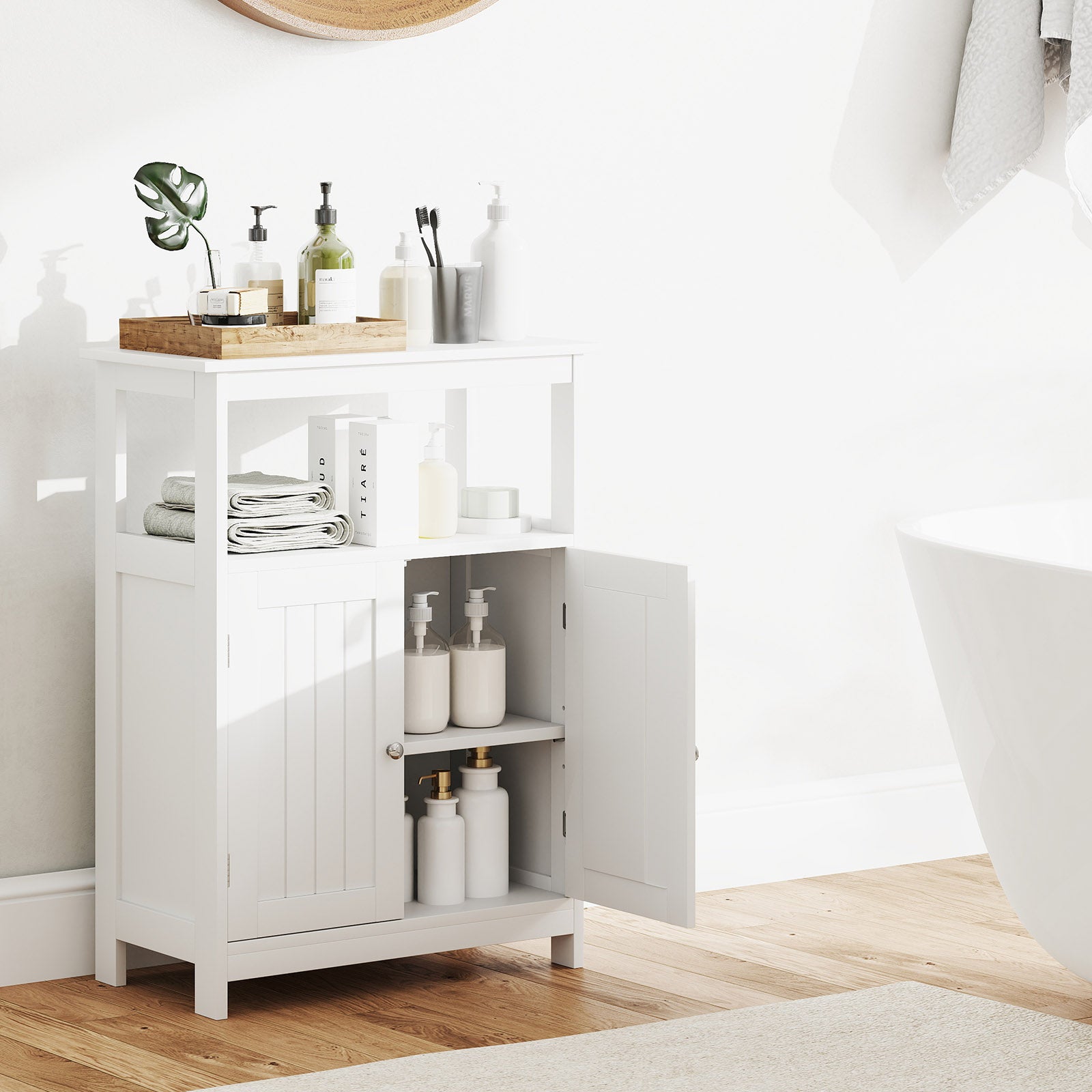 Bathroom Floor Cabinet with Open Shelf and Adjustable Shelf-White