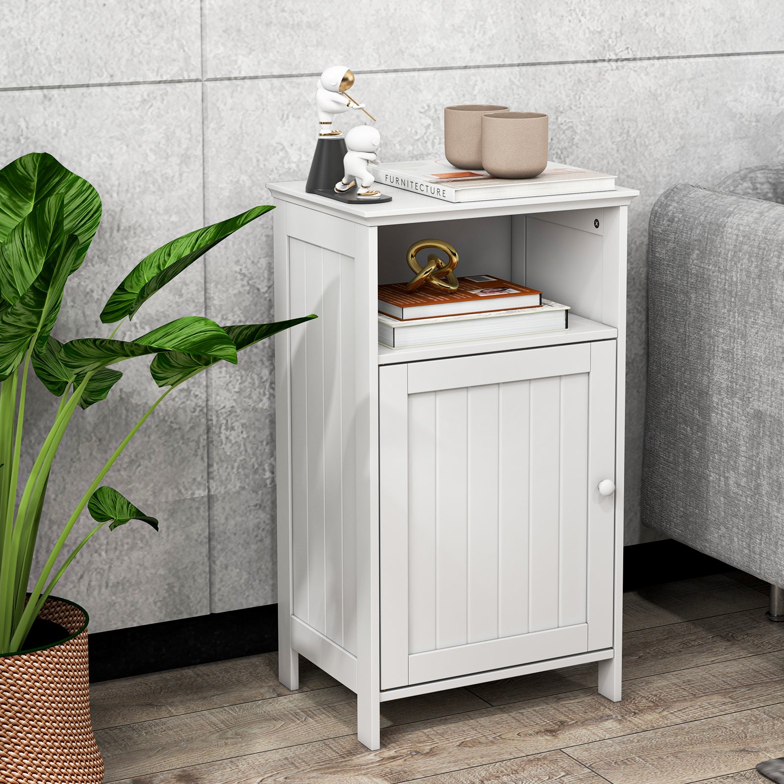 Bathroom Floor Single Door Side Cabinet with Open Compartment-White
