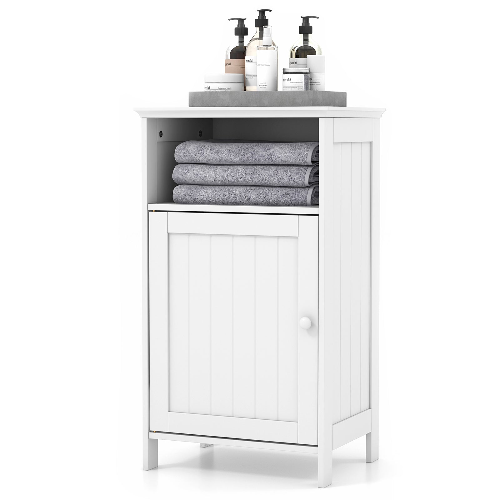 Bathroom Floor Single Door Side Cabinet with Open Compartment-White