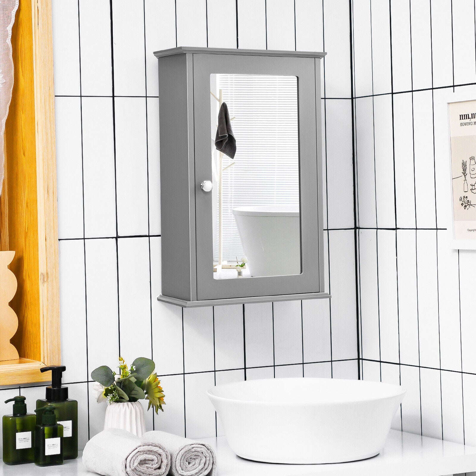 Bathroom Medicine Cabinet with Mirror and Adjustable Shelf-Grey