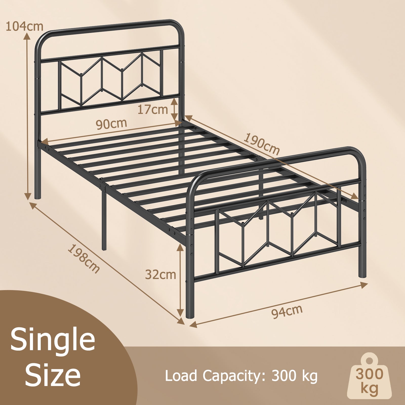 Single/Double/King Size Metal Bed Frame with High Headboard and Mute Bar-Black-Single Size