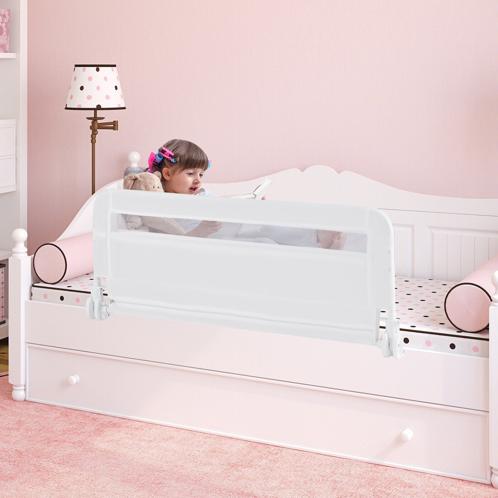 100 CM/120 CM Foldable Baby Bed Rail with Removable Washable Cover and Safety Strap-White-100 cm