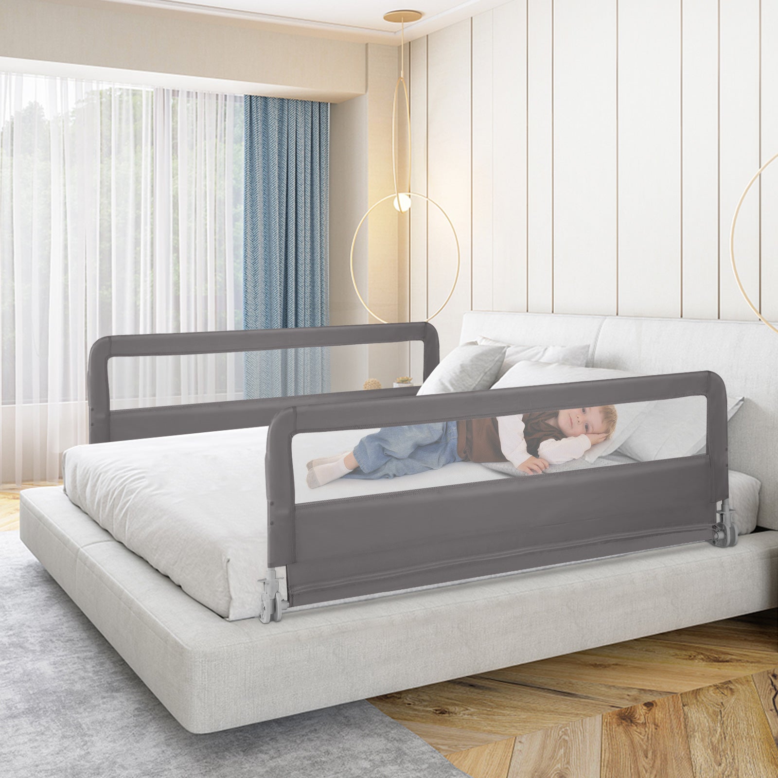 150CM Foldable Baby Bed Rail Guard with Washable Cover and Safety Strap-Grey