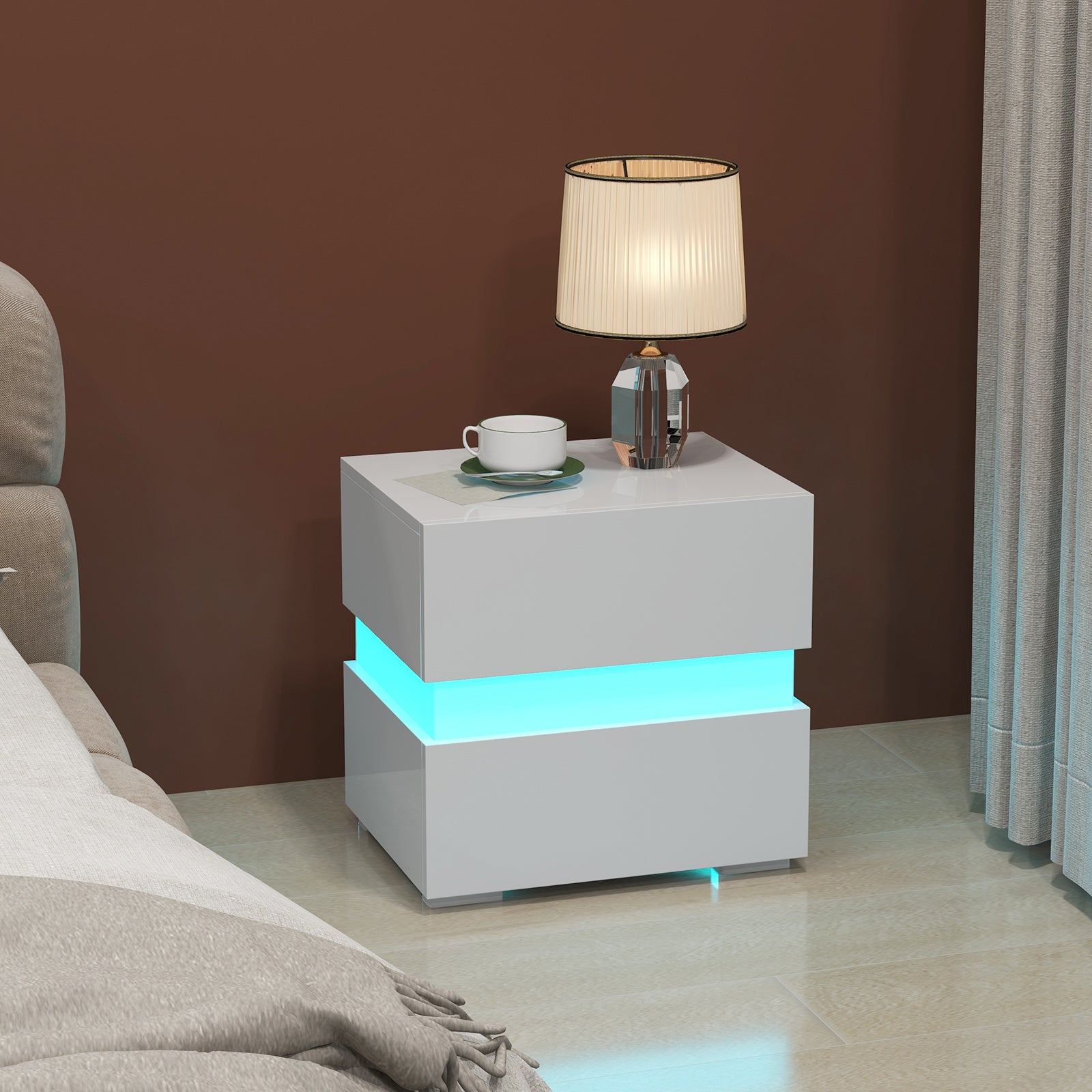 Bedside Table LED Nightstand with 2 Drawers-White
