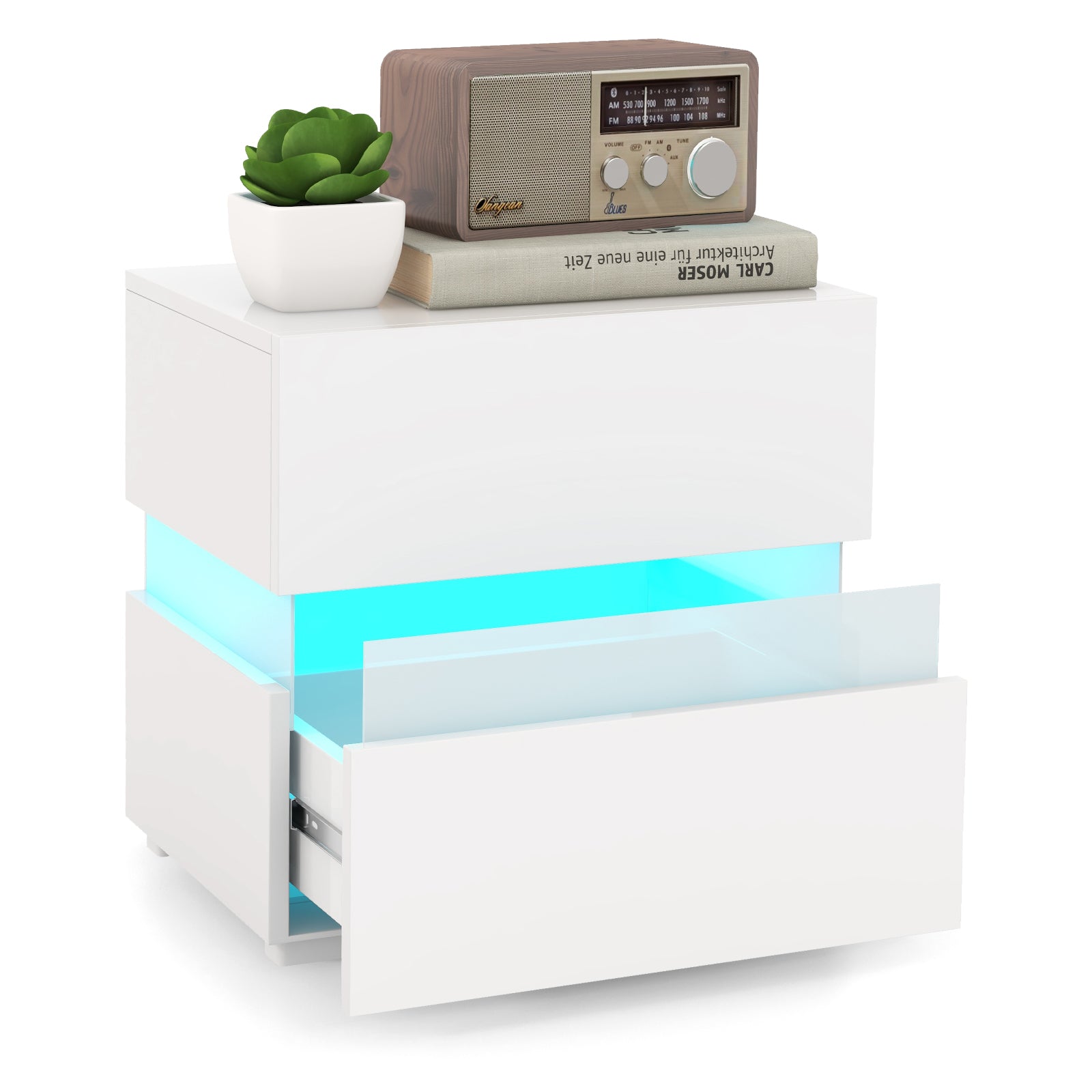 Bedside Table LED Nightstand with 2 Drawers-White