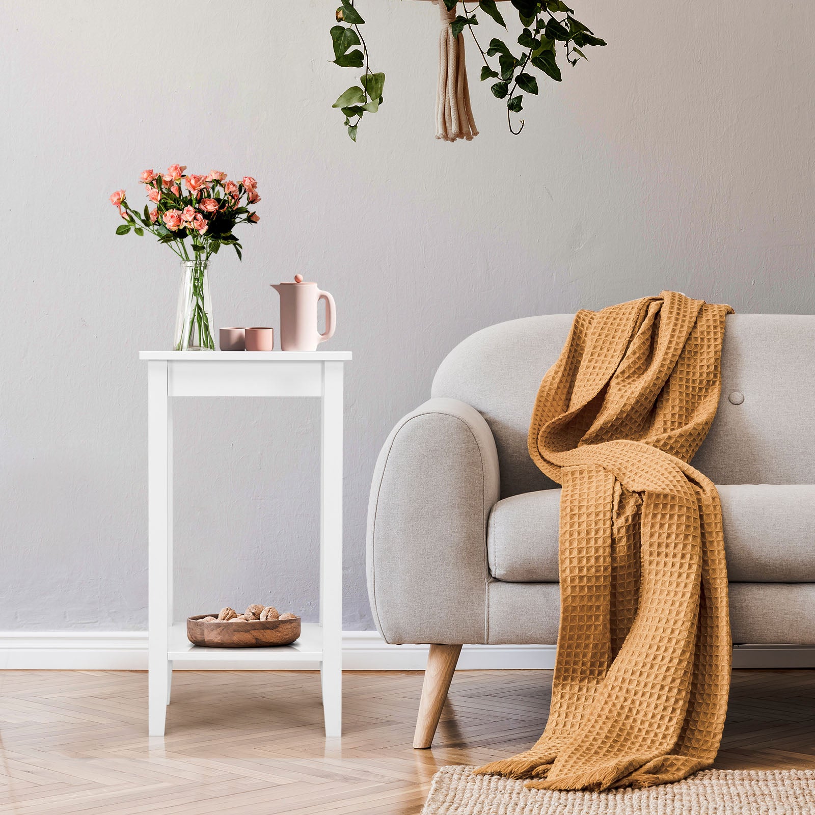 Bedside Tables Sofa End Table with 2 Storage Shelves-White