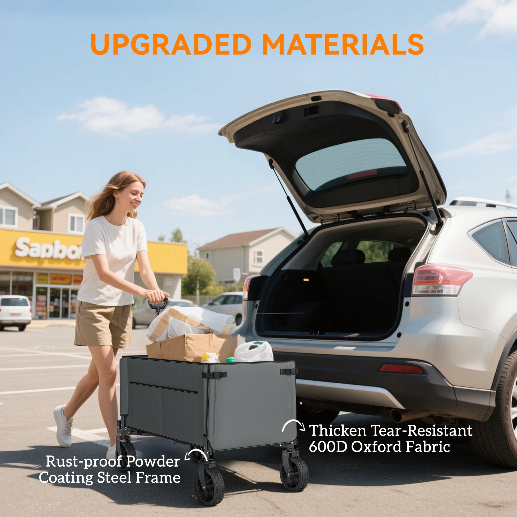 Outsunny Festival Trolley on Wheels, 150L Folding Camping Trolley Cart with Openable Sides, Adjustable Handle and Brakes for Shopping Beach Garden Fishing, Grey