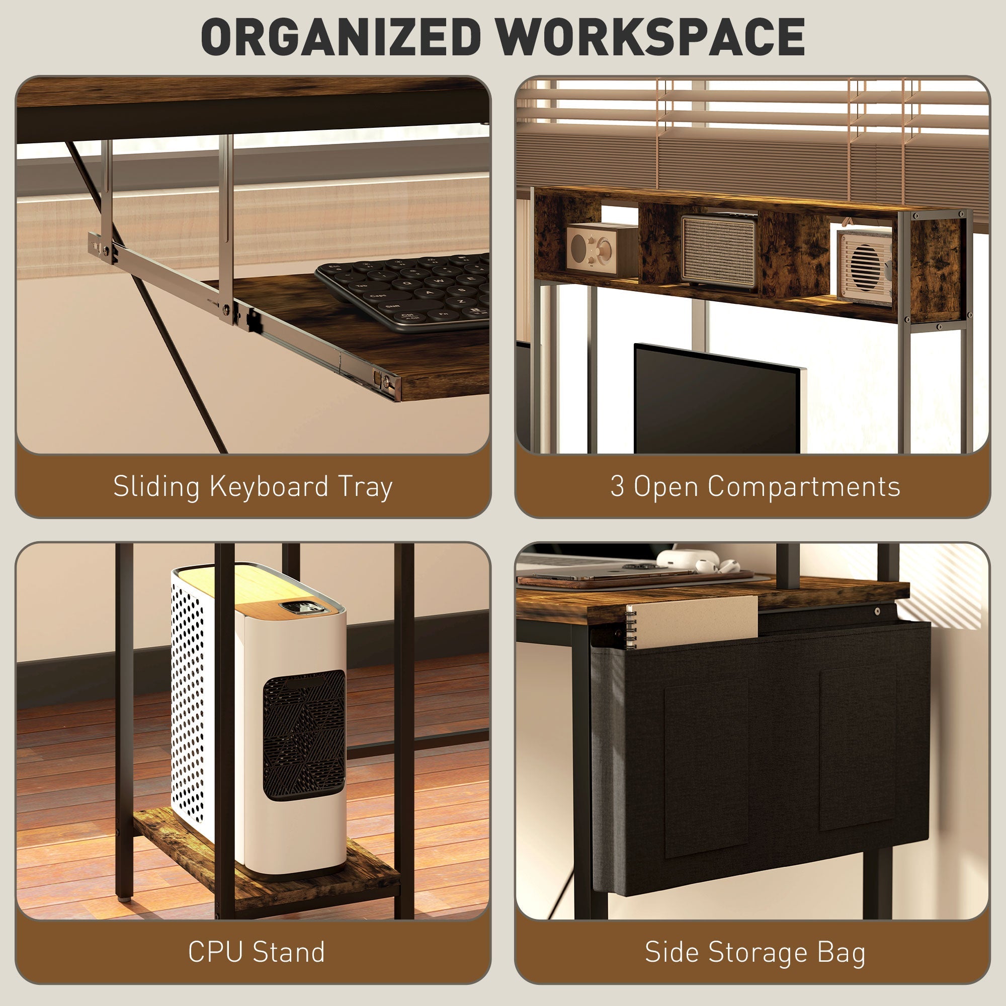 HOMCOM 160cm Reversible L Shaped Desk with Power Outlet, Industrial Corner Desk with Storage Shelves and Keyboard Tray, 240cm Long Computer Desk for 2 Person, Rustic Brown