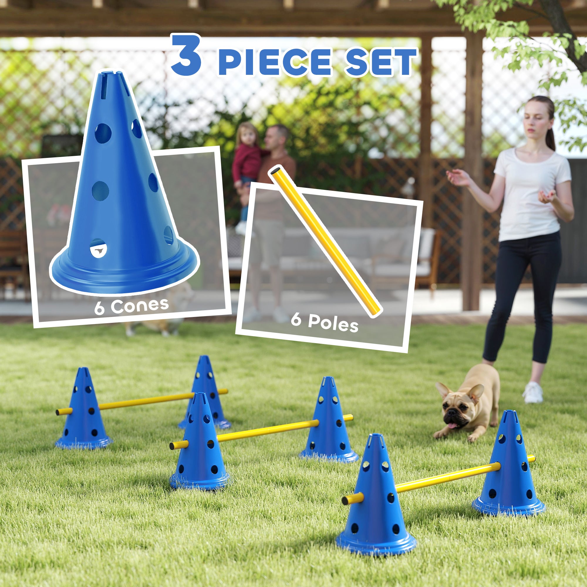 PawHut Dog Agility Equipment Set of Six Cones, Six Poles with Carry Bag, Three-Piece Adjustable Height Jumping Obstacles, Blue