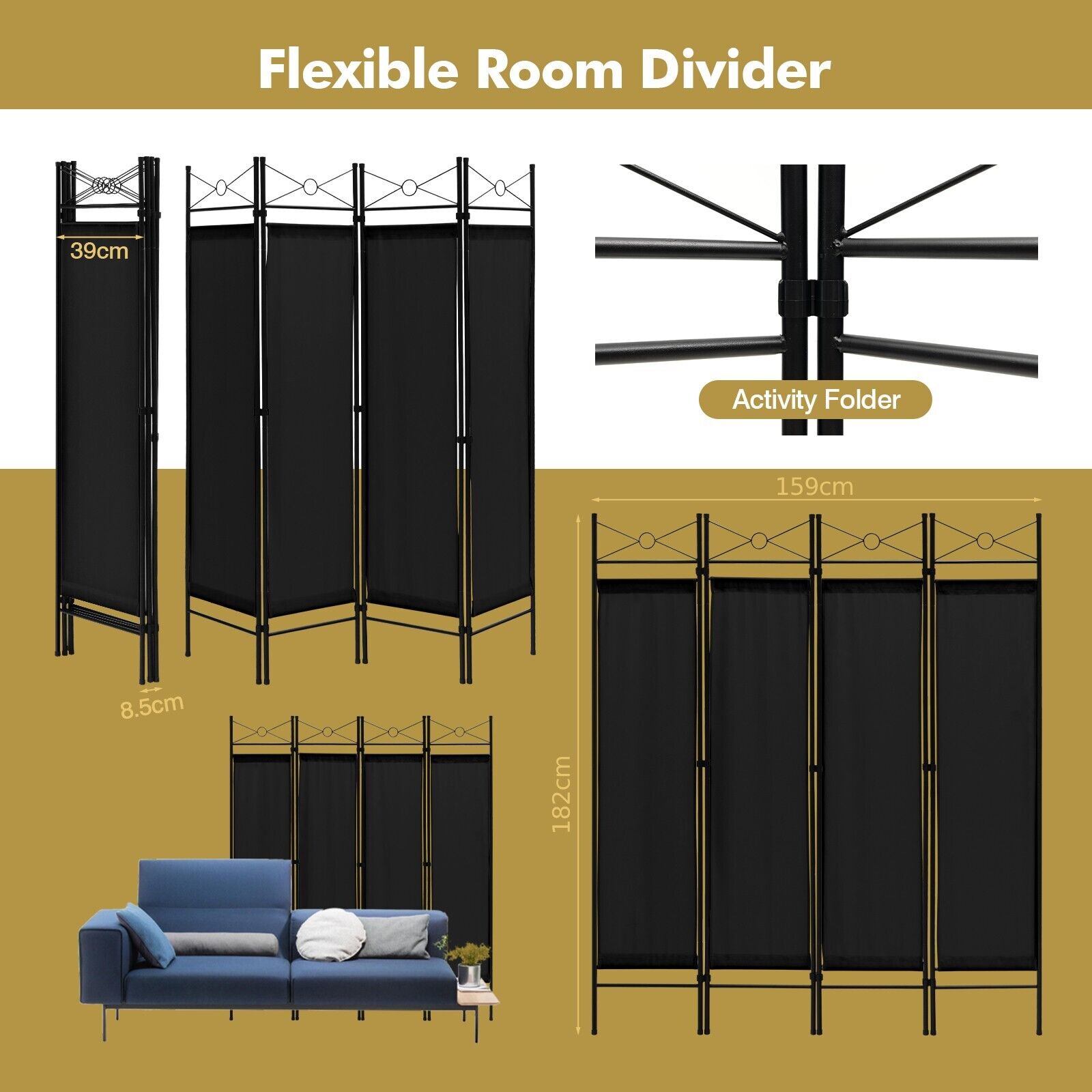 6 Feet 4-Panel Light Weight Room Divider with Polyester Cloth-Black