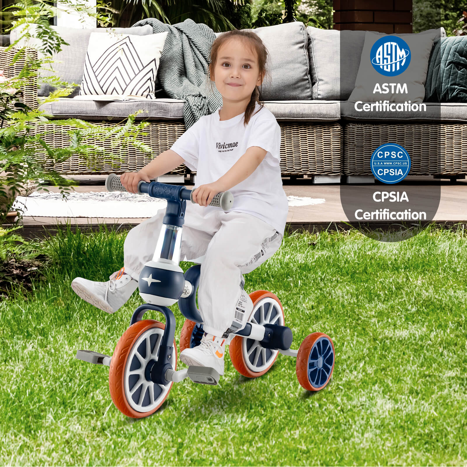4-in-1 Multifunctional Kids Training Balance Trike wih Adjustable Push Handle-Navy