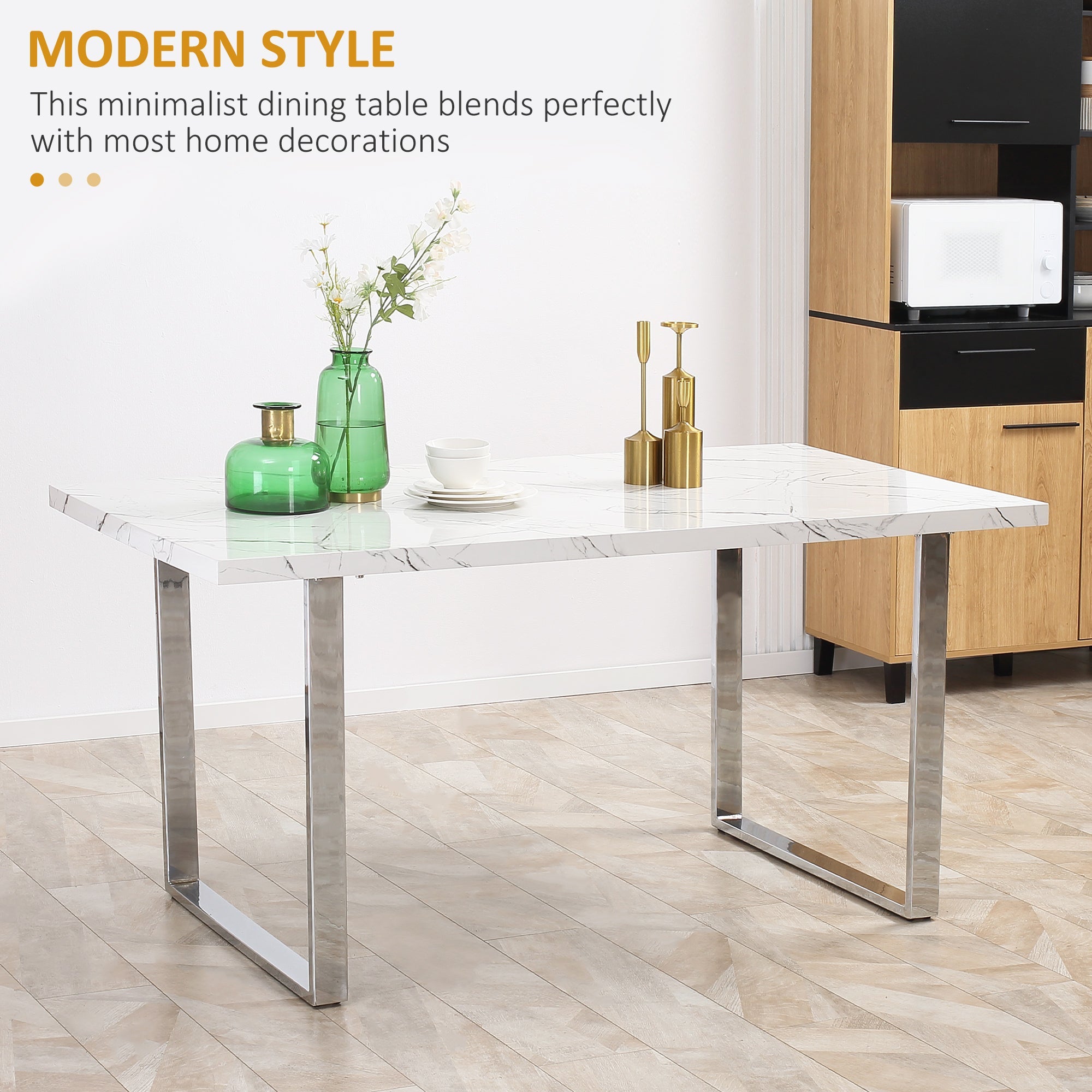 HOMCOM Modern Dining Room Table Rectangular Kitchen Table for 6-8 People with Marble Effect Tabletop Steel Legs 160 cm White