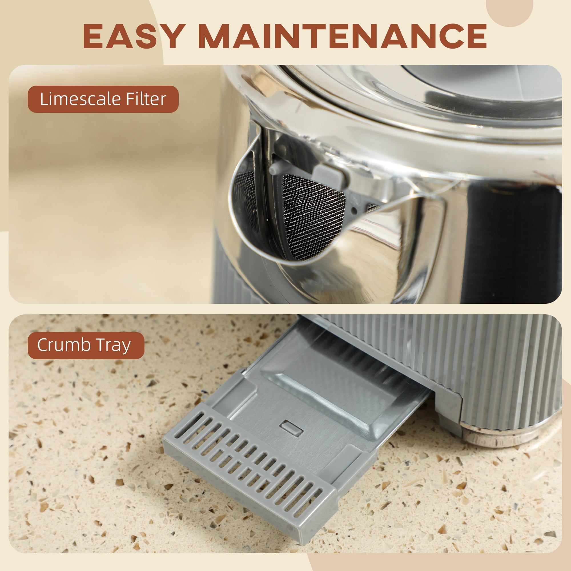 HOMCOM Electric Kettle and Toaster Set, 3000W 1.7L UK Strix Thermostat Rapid Boil Jug Kettle with Limescale Filter, Cool Touch Body, 4 Slice Toaster with 7 Browning Controls, Crumb Tray, Tan