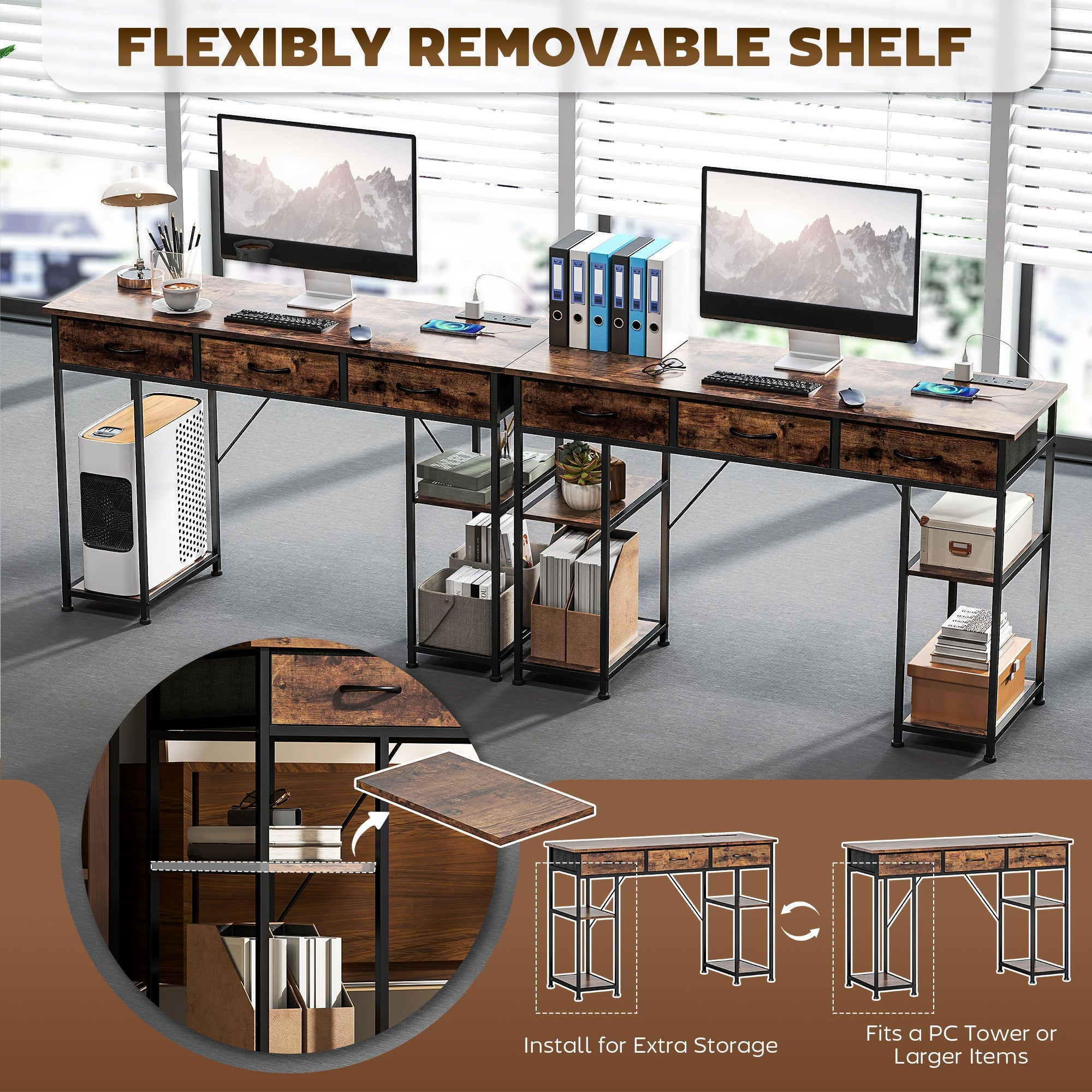 HOMCOM 120cm Computer Desk with Power Outlets, Office Desk Study Table with Fabric Drawers and Storage Shelves, Rustic Brown
