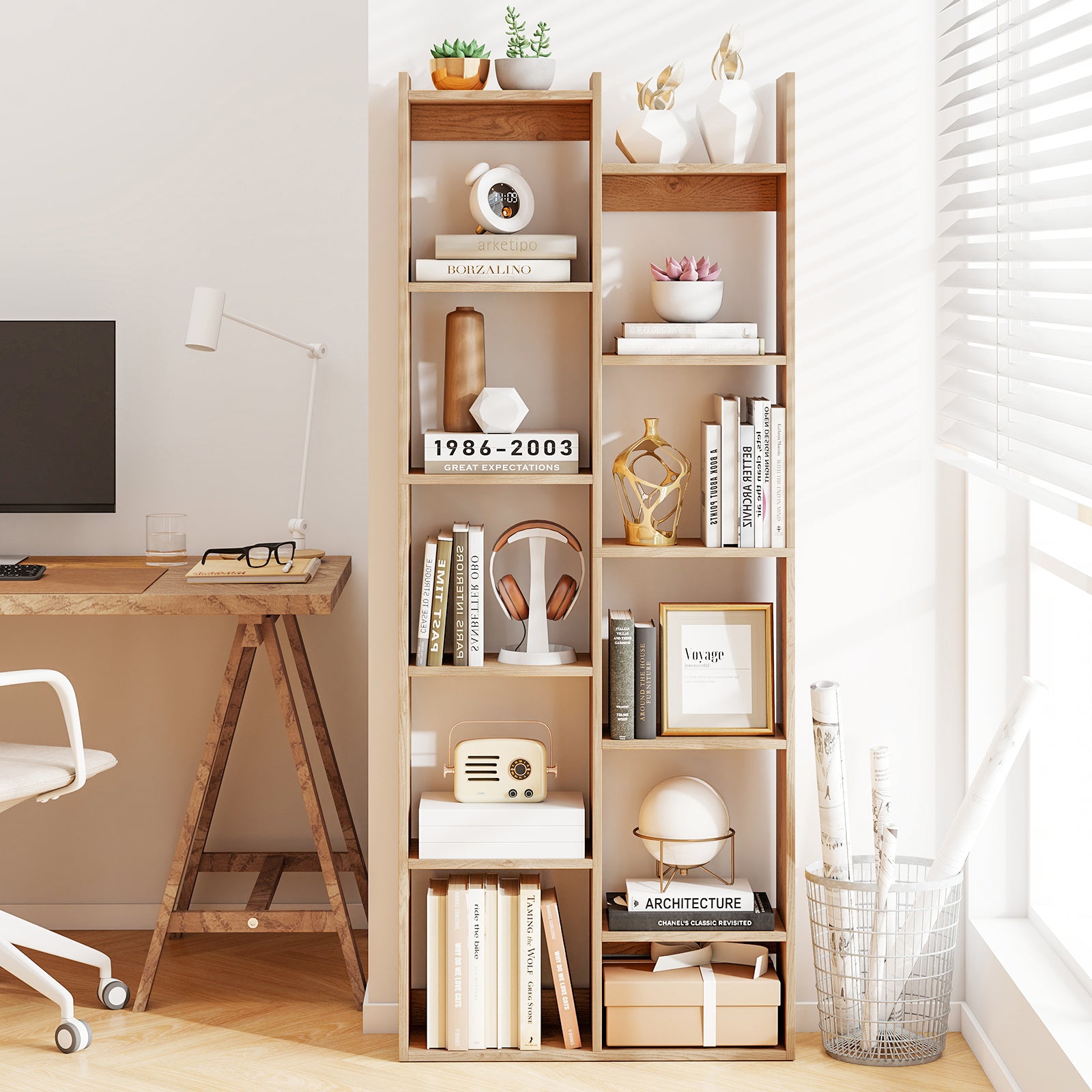 Bookshelf 11-Tier Bookcase with Anti-Tipping Kits Wood Display Shelf-Natural