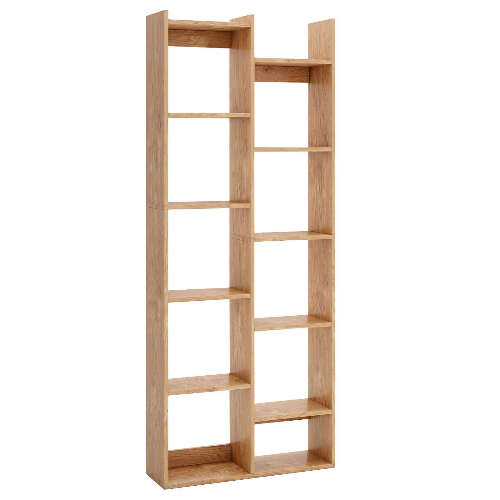 Bookshelf 11-Tier Bookcase with Anti-Tipping Kits Wood Display Shelf-Natural