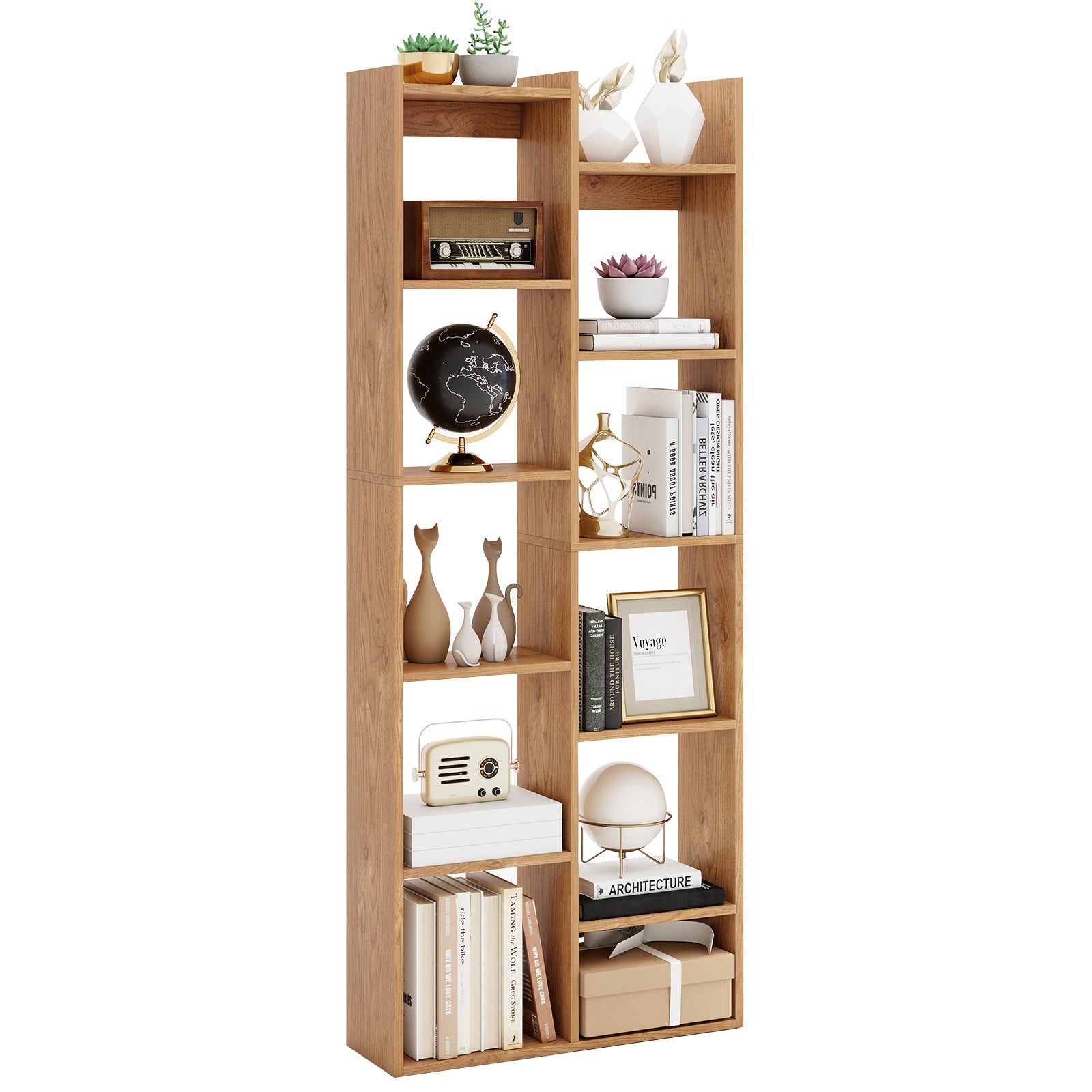 Bookshelf 11-Tier Bookcase with Anti-Tipping Kits Wood Display Shelf-Natural