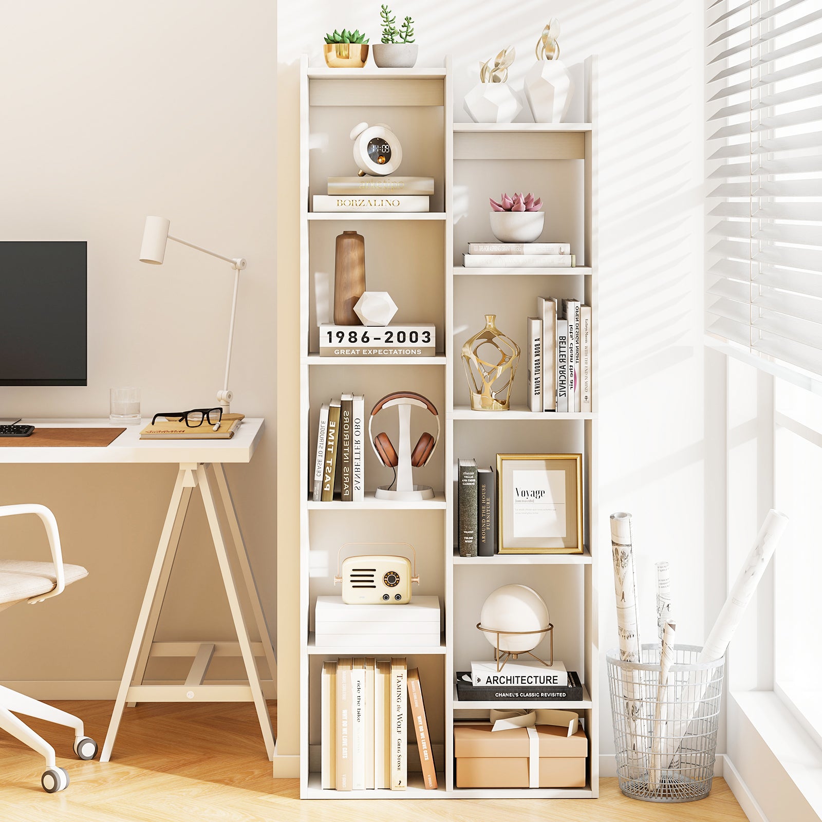Bookshelf 11-Tier Bookcase with Anti-Tipping Kits Wood Display Shelf-White
