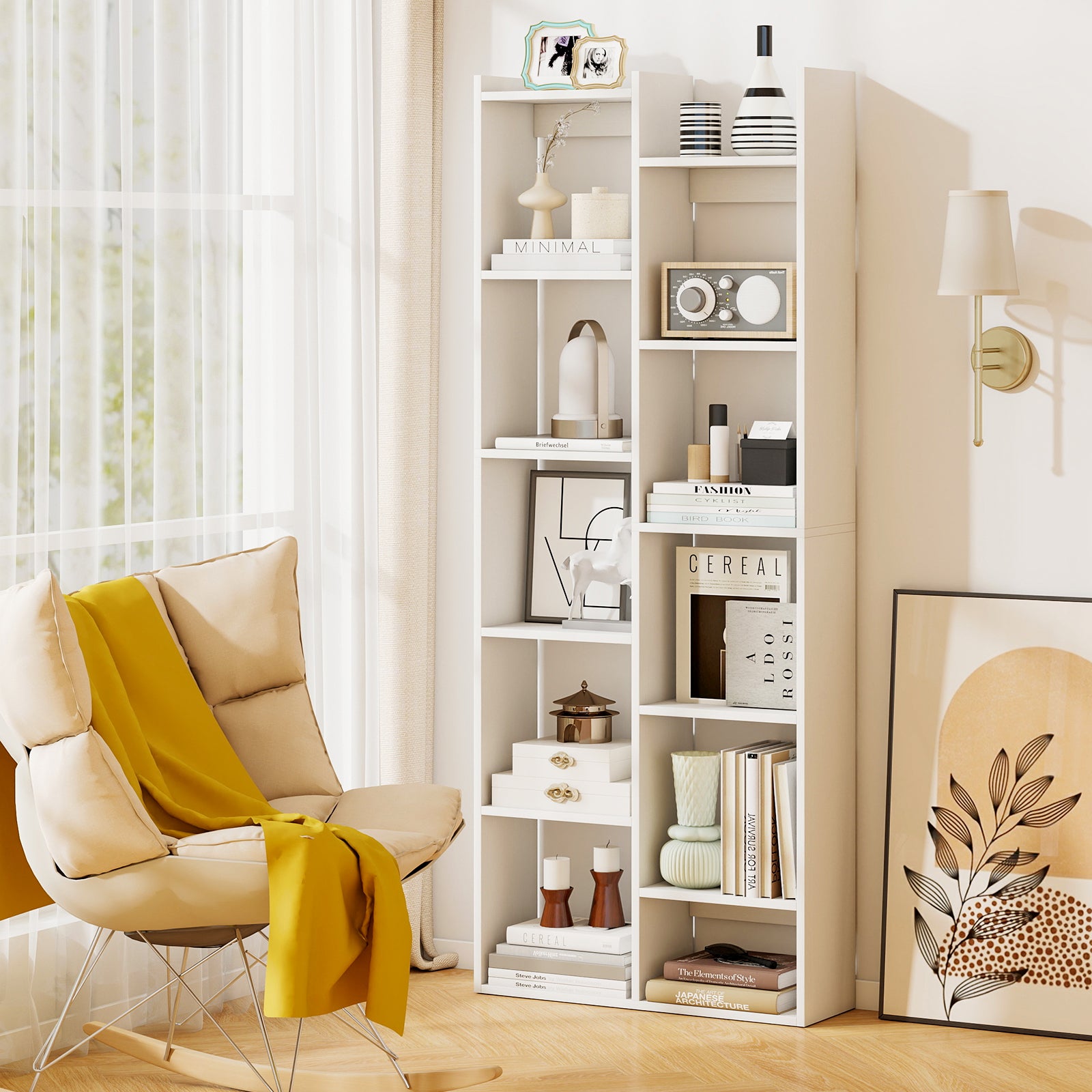 Bookshelf 11-Tier Bookcase with Anti-Tipping Kits Wood Display Shelf-White