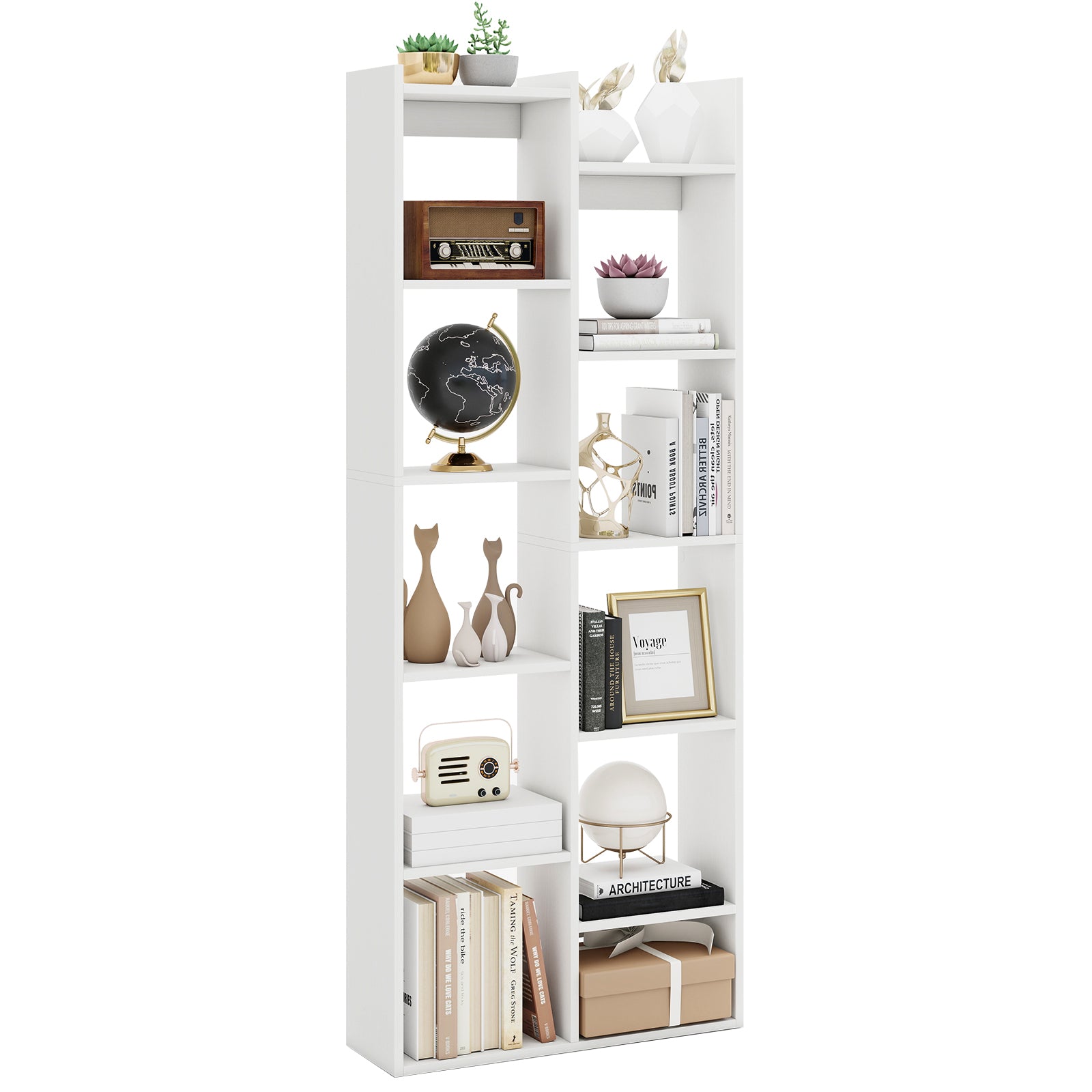 Bookshelf 11-Tier Bookcase with Anti-Tipping Kits Wood Display Shelf-White