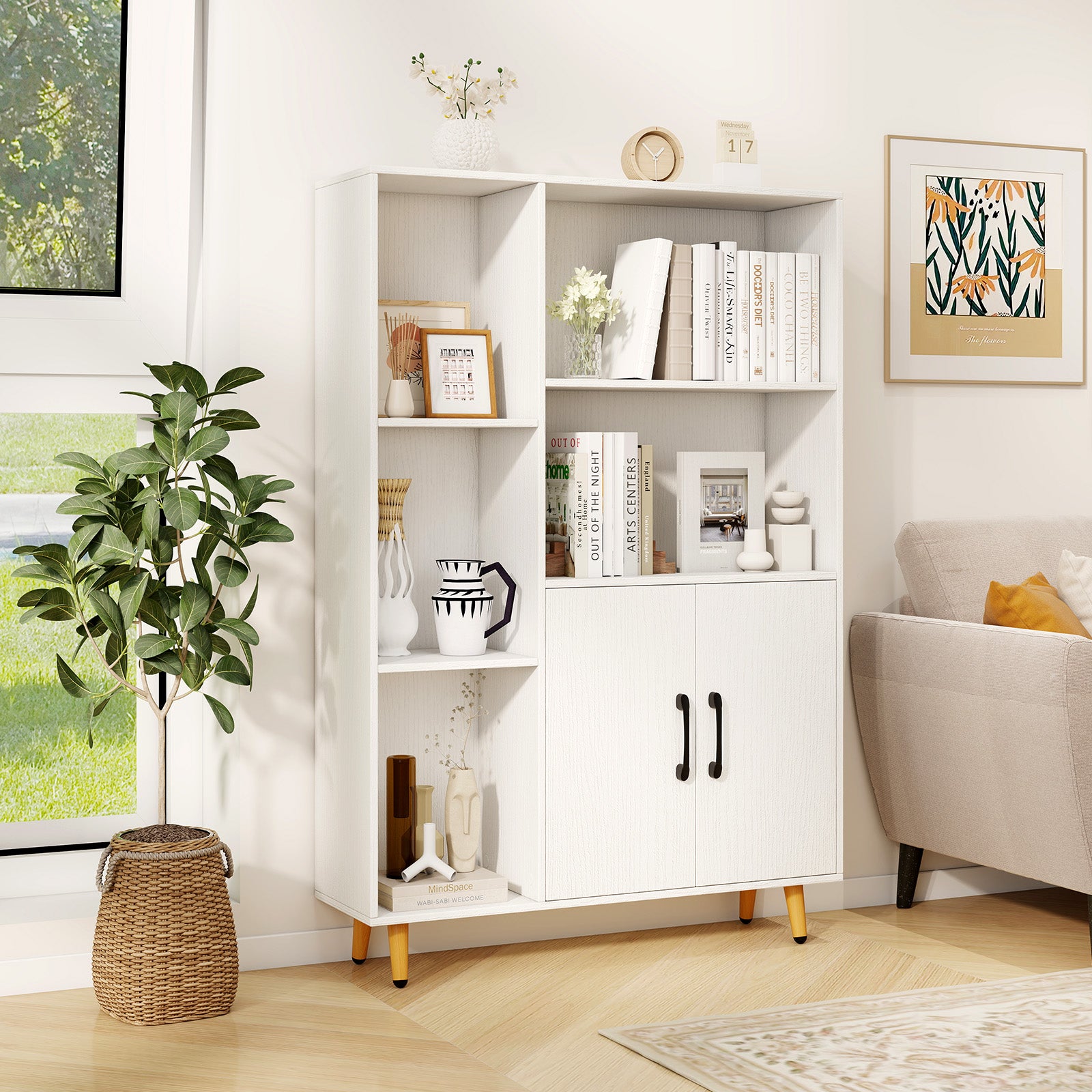 Bookcase with 5 Open Compartments and Double Doors Storage Cabinet-White