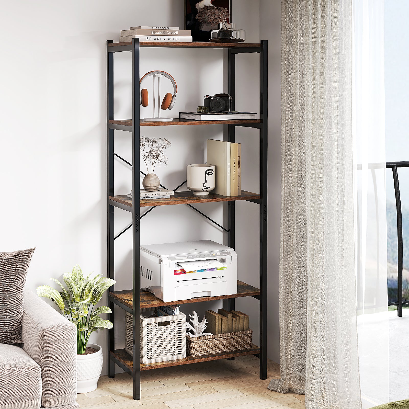 5-Tier Bookshelf with Metal Frame and Storage Rack-Rustic Brown