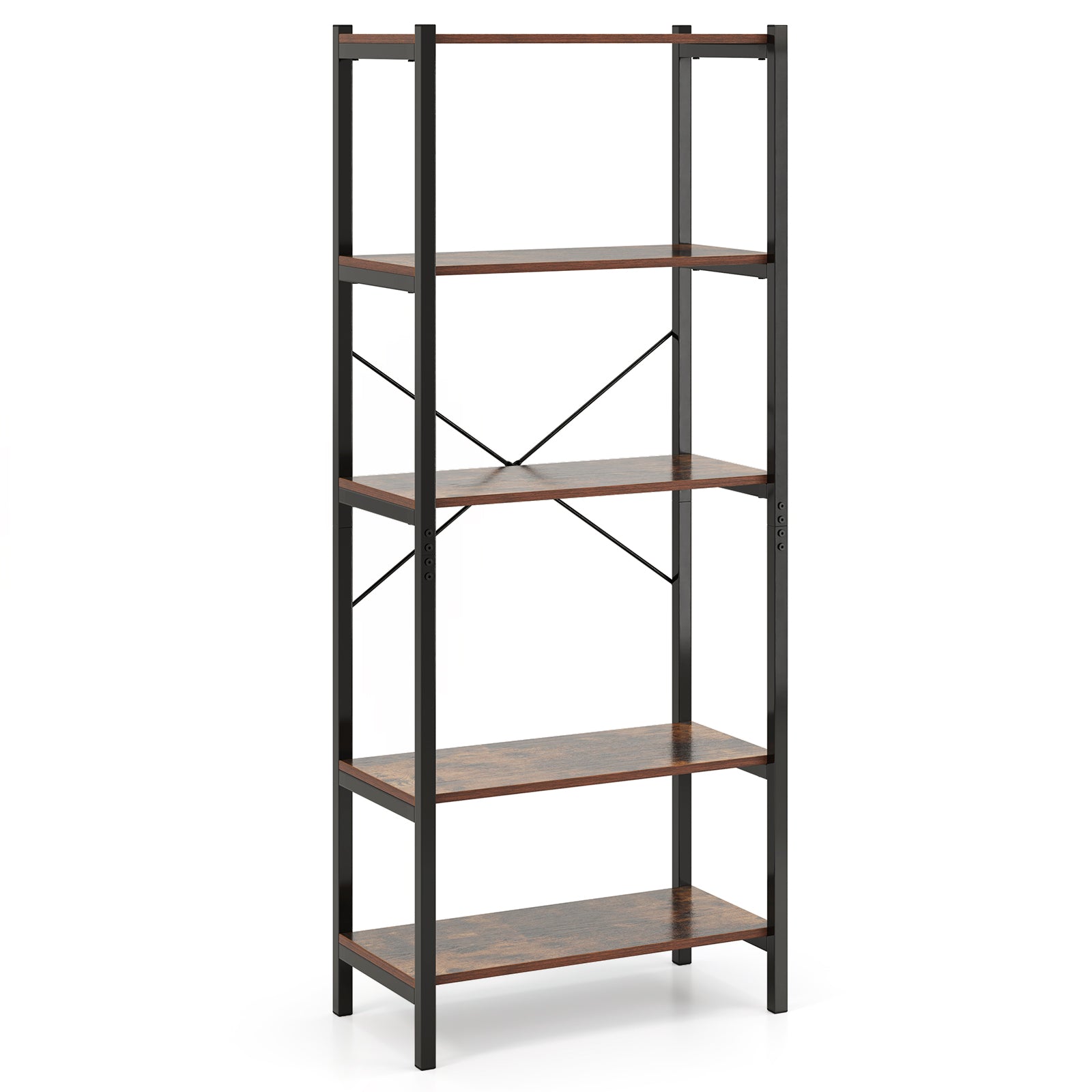 5-Tier Bookshelf with Metal Frame and Storage Rack-Rustic Brown