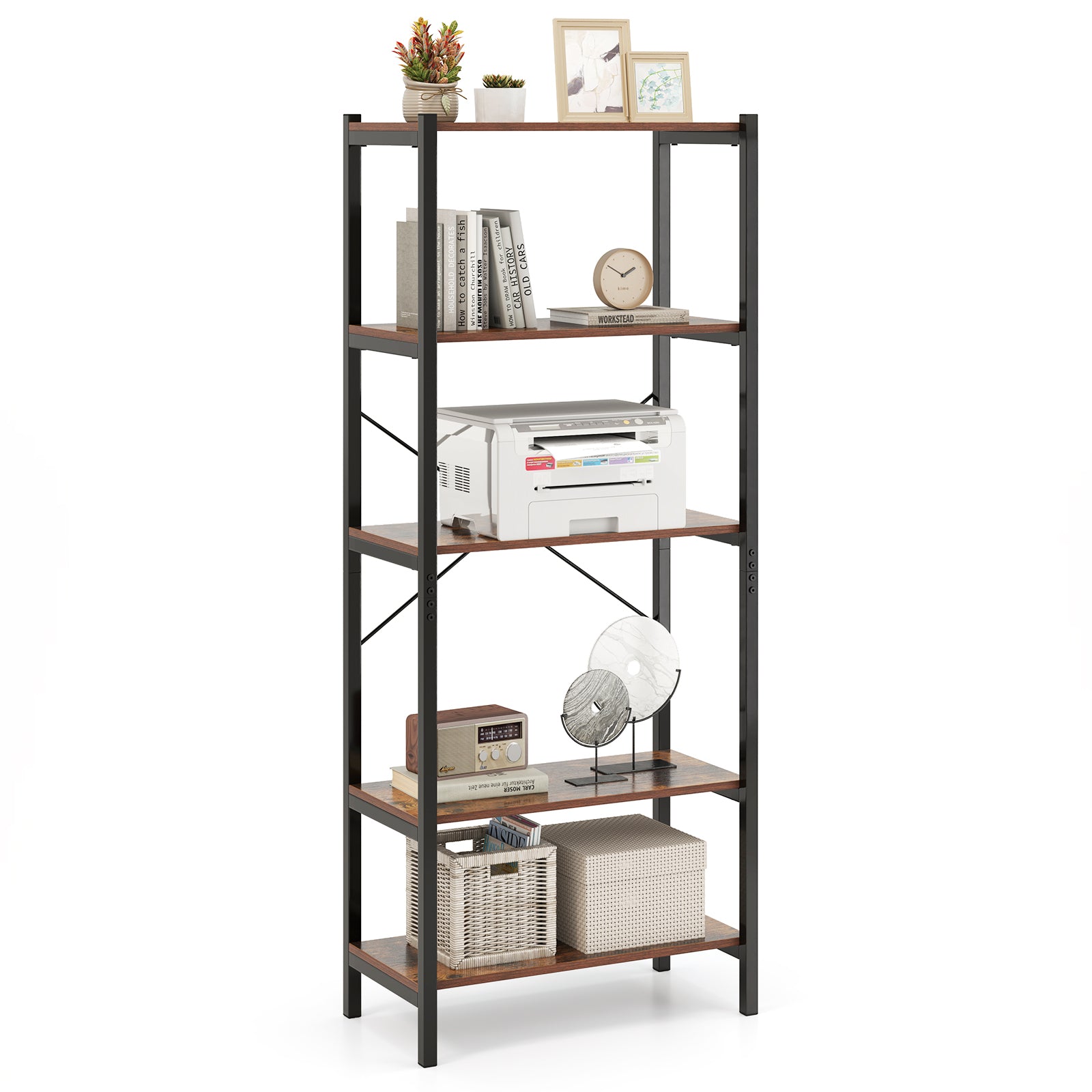 5-Tier Bookshelf with Metal Frame and Storage Rack-Rustic Brown