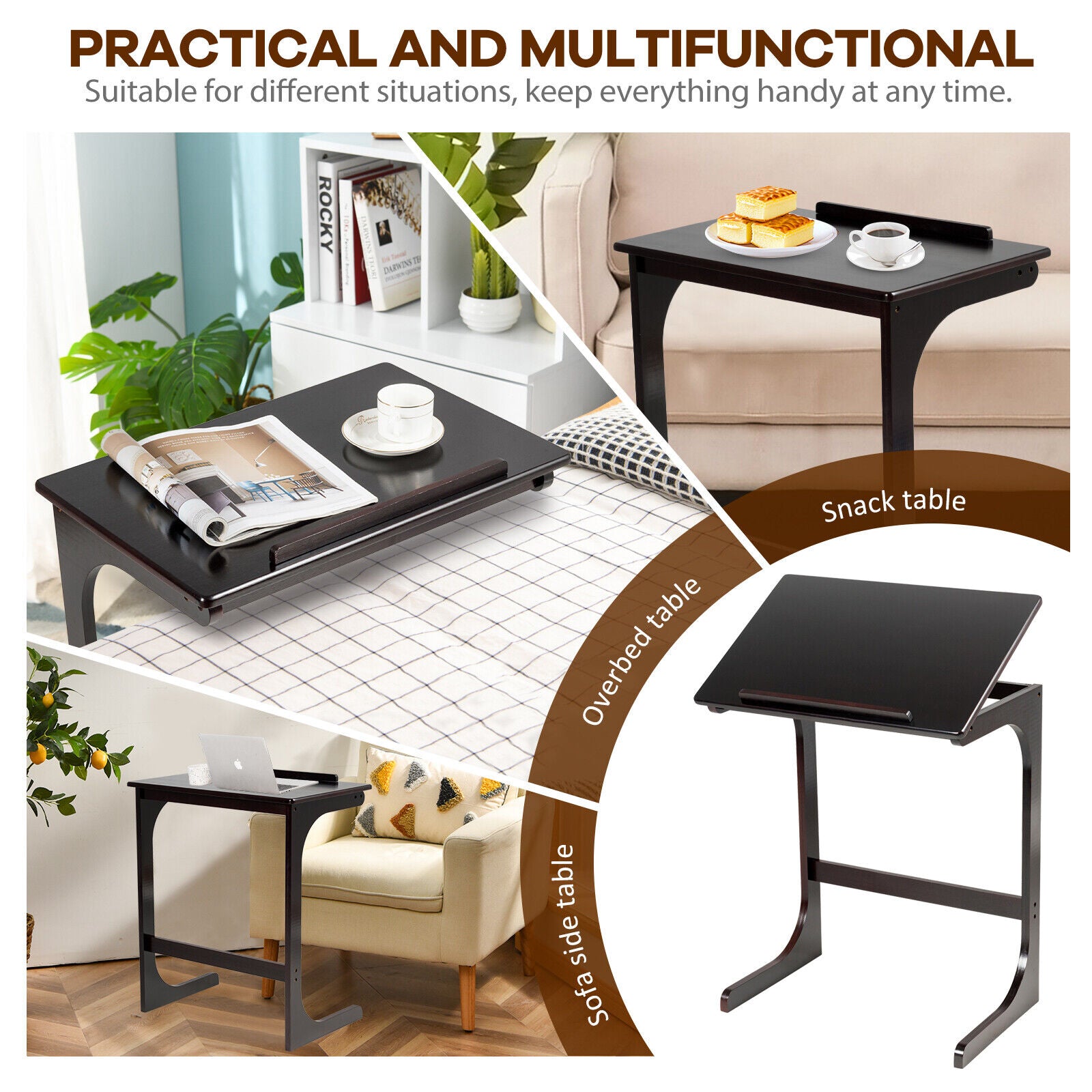 C-ShapedBamboo Side Table with 7 Adjustable Angles-Brown