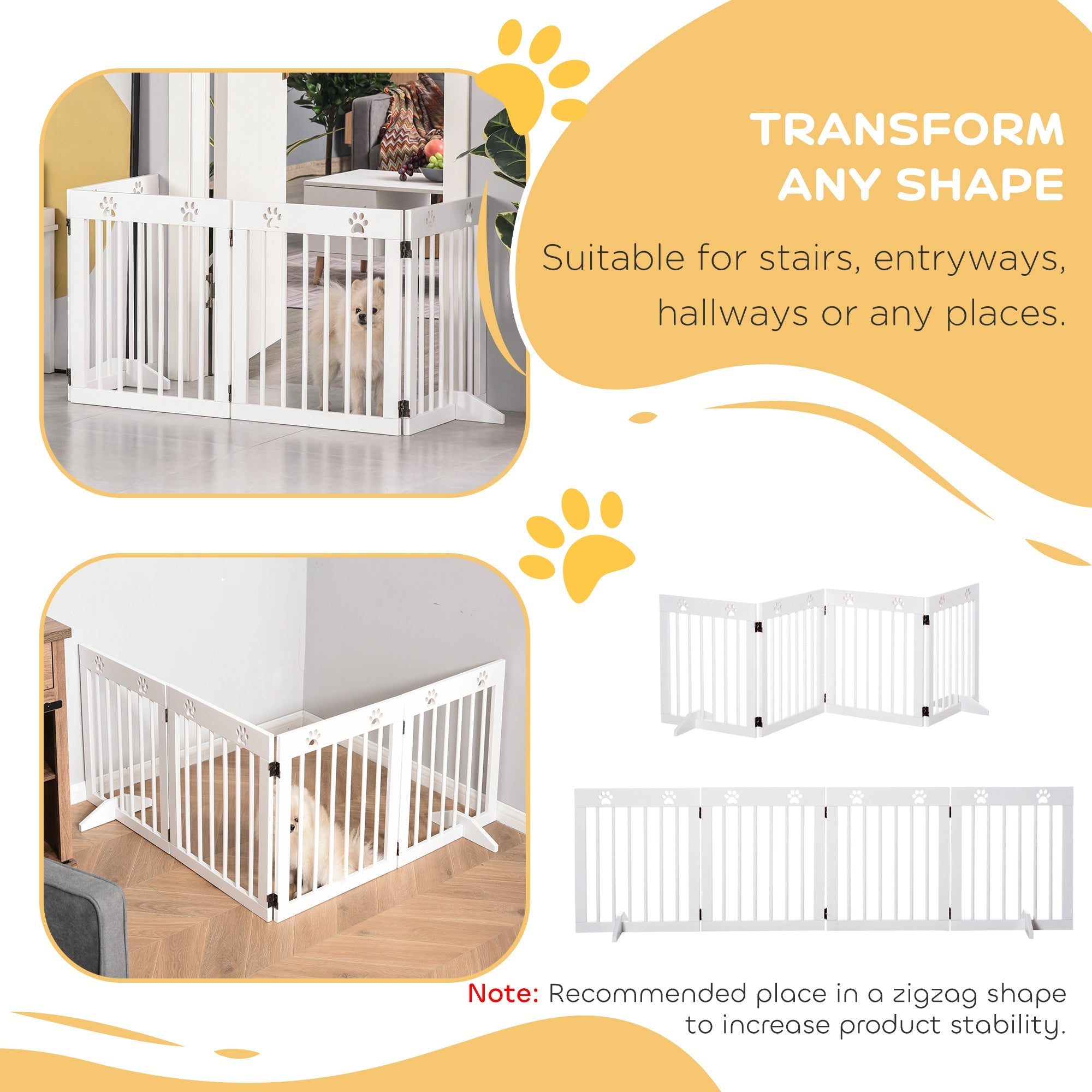PawHut Freestanding Pet Gate 4 Panel Wooden Dog Barrier Folding Safety Fence with Support Feet up to 204cm Long 61cm Tall for Doorway Stairs White
