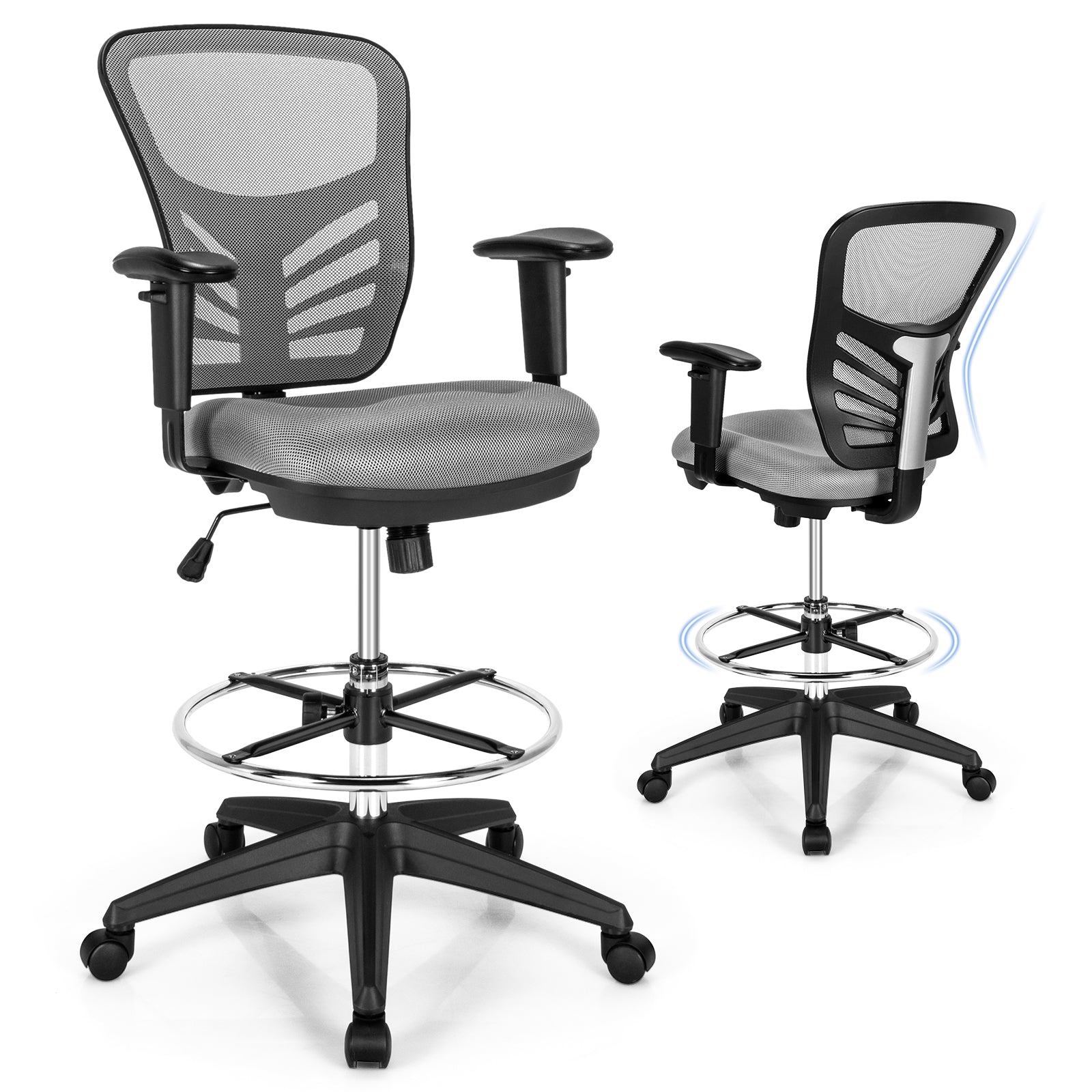 Mesh Drafting Chair with Adjustable Footrest-Grey