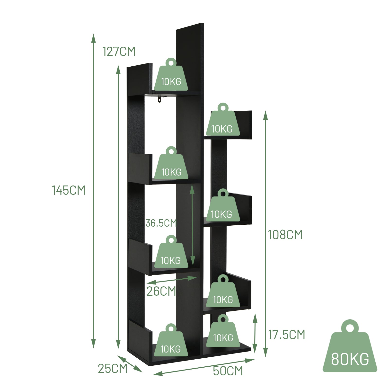 Tree-Shaped Bookshelf with 8 Storage Shelves-Black