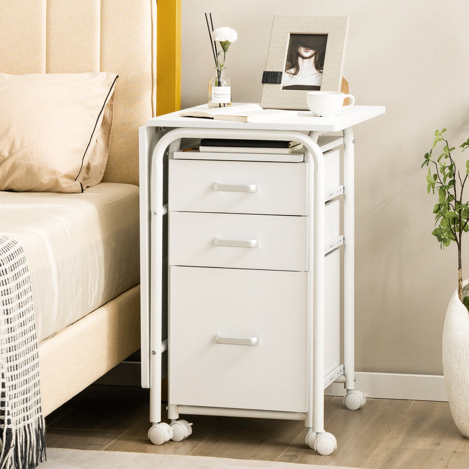 Folding Computer Desk with Rolling Wheels and 3 Drawers for Home Office-White