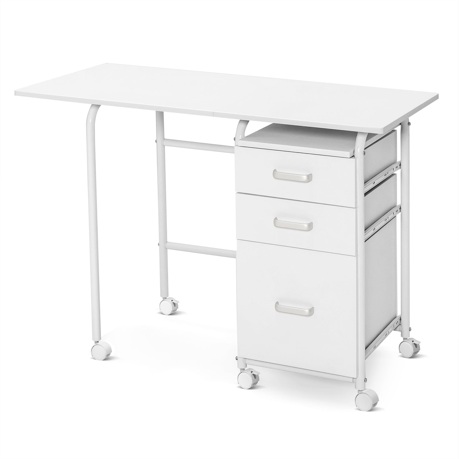 Folding Computer Desk with Rolling Wheels and 3 Drawers for Home Office-White