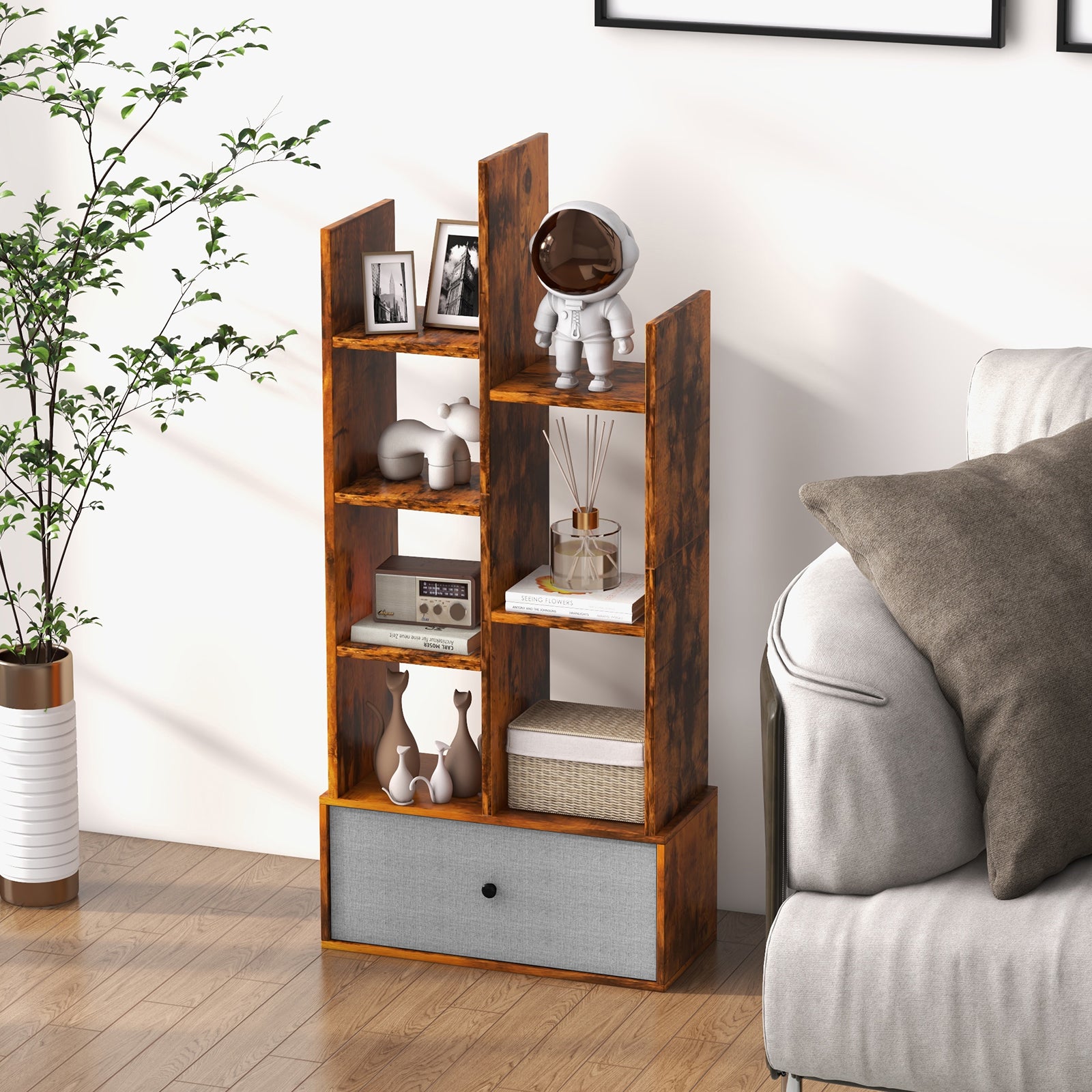 7-Tier Wooden Bookshelf with Folding Drawer for Study Living Room-Rustic Brown