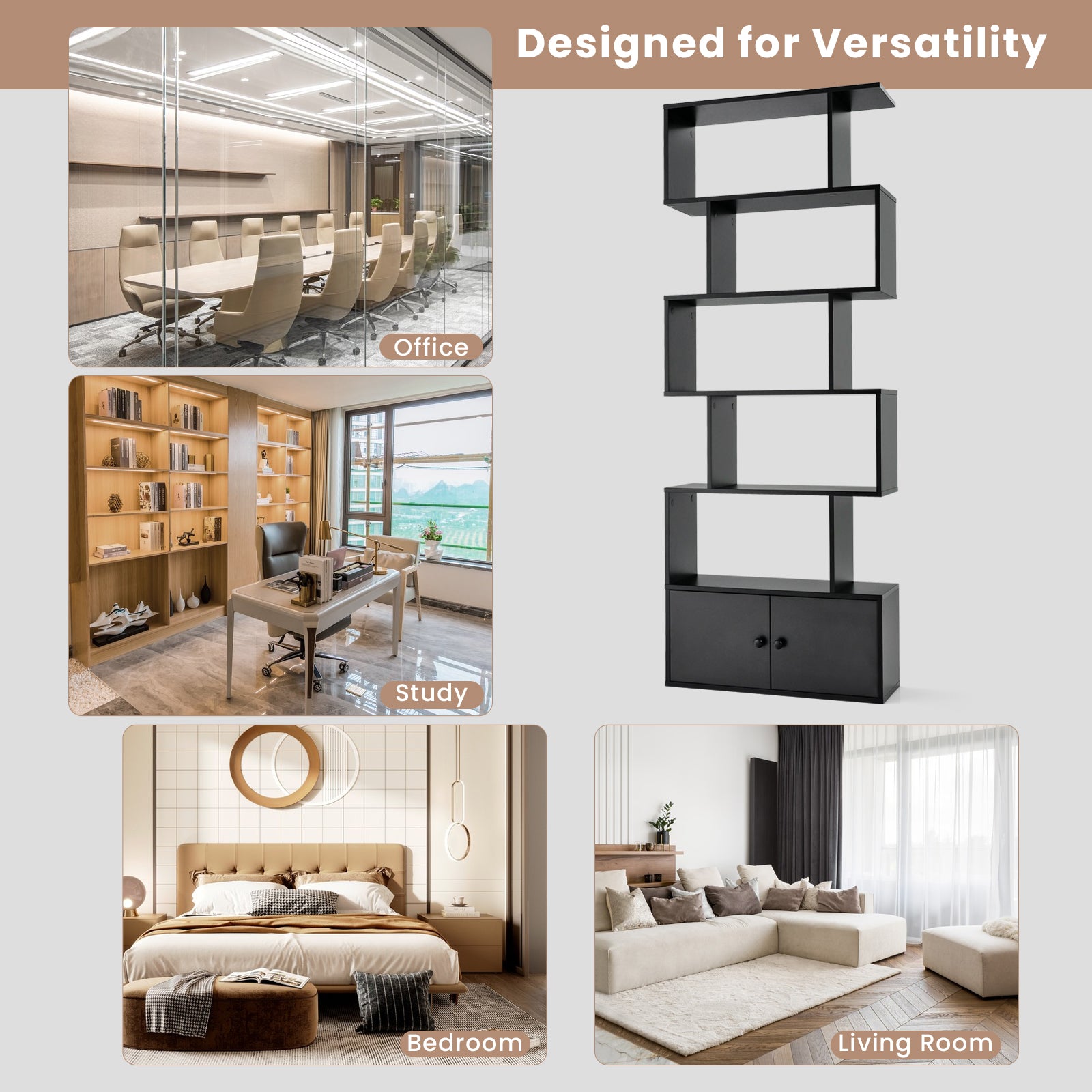 Industrial S-Shaped 5-tier Bookcase with Cabinet-Black