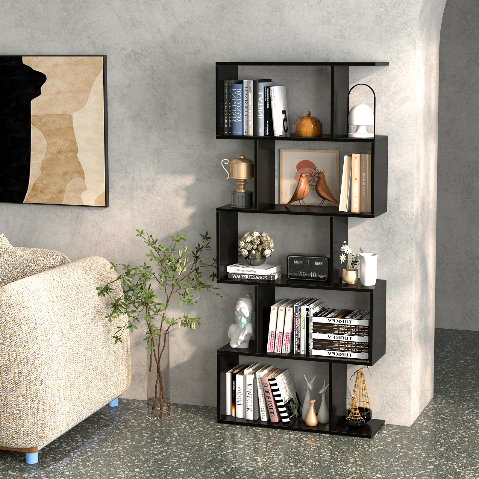 Geometric S-Shaped Bookcase with Anti-Toppling Device for Living Room Home Office-Black