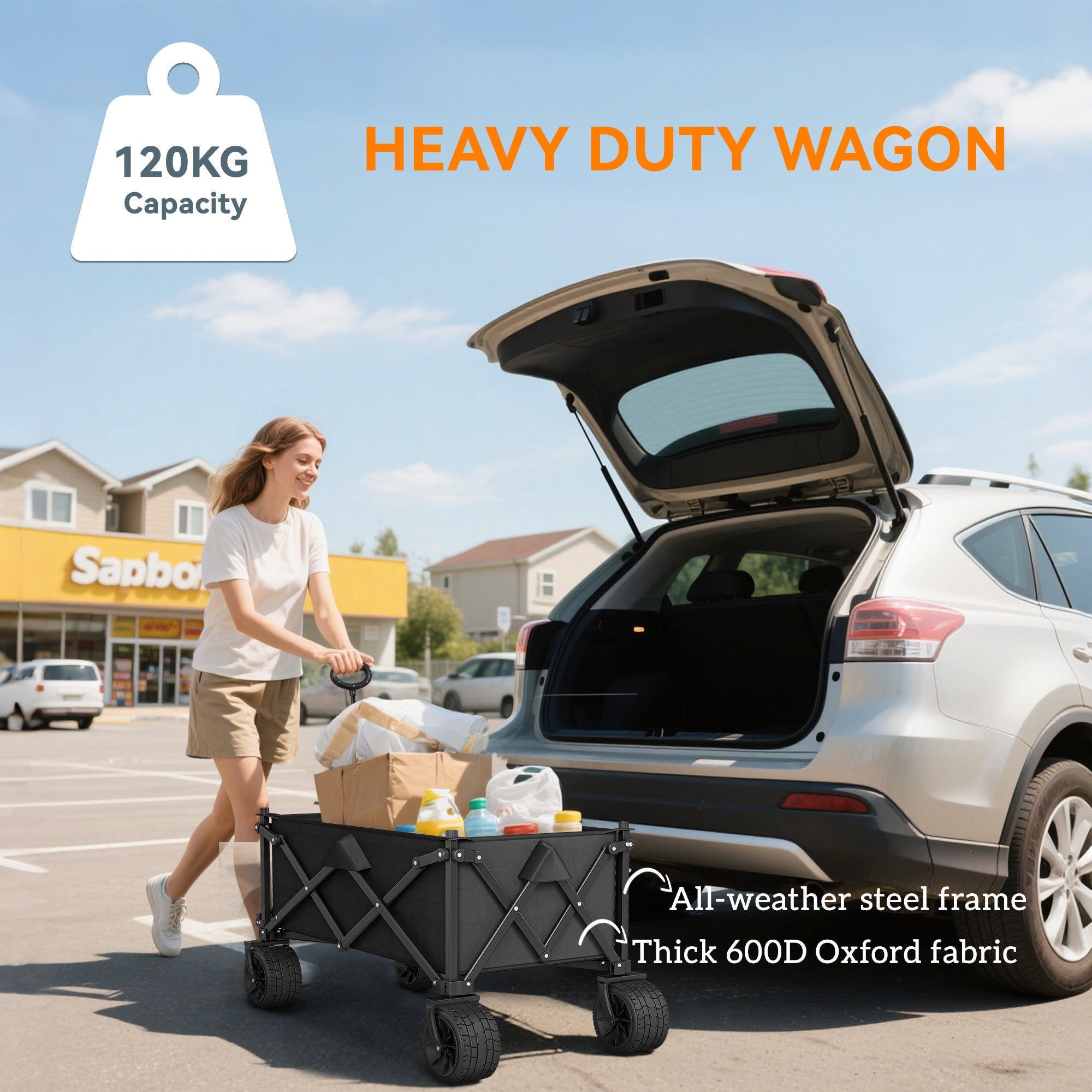 Outsunny Folding Garden Trolley, Outdoor Wagon Cart with Carry Bag, for Beach, Camping, Festival, 120KG Capacity, Black