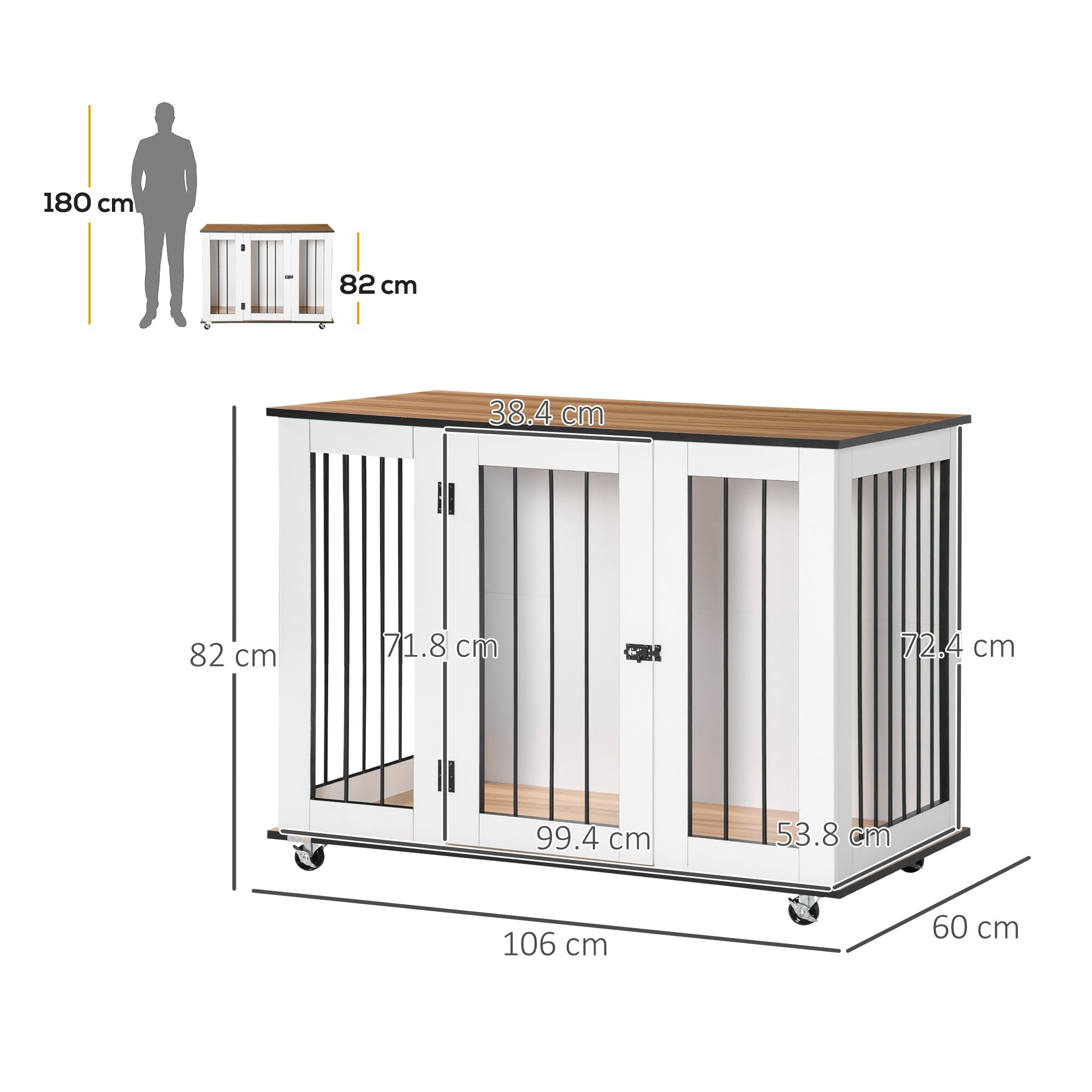 PawHut Dog Crate Furniture, Dog Cage End Table, with Wheels, for Large Dogs, 106 x 60 x 82 cm - White