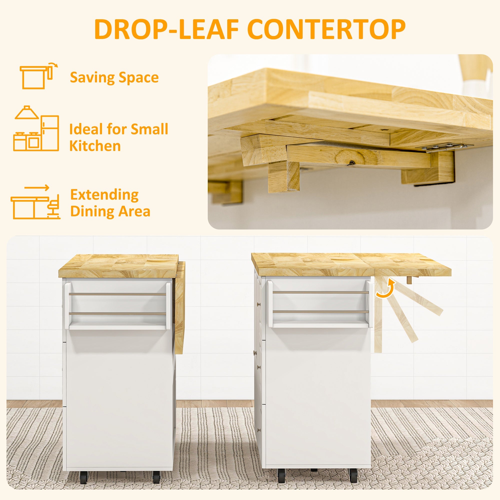 HOMCOM Drop-Leaf Kitchen Island on Wheels with Extendable Rubber Wood Worktop, Rolling Kitchen Storage Trolley, Utility Storage Cart with Drawers & Cabinet for Kitchen, Dining & Living Room, White