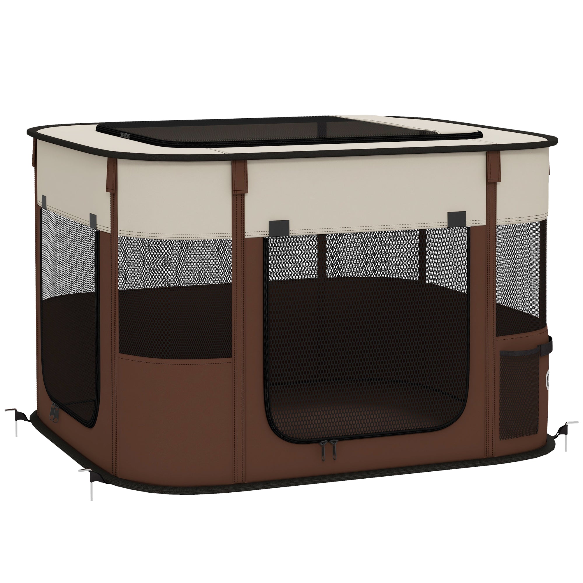 PawHut Foldable Dog Pen with Storage Bag for Indoor/Outdoor Use, Portable Pet playpen, with Ground Stakes - Brown