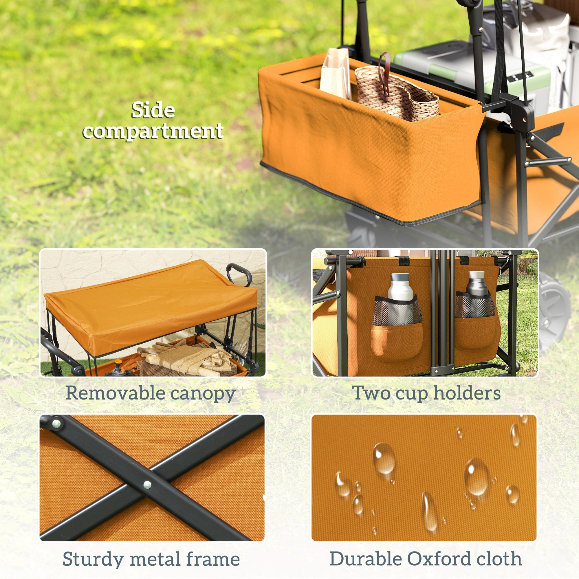Outsunny 120L Festival Trolley on Wheels, Folding Camping Trolley Cart with Removable Canopy, All-Terrain Wheels, Adjustable Handle, Push or Pull for Garden Beach Fishing Shopping, Orange